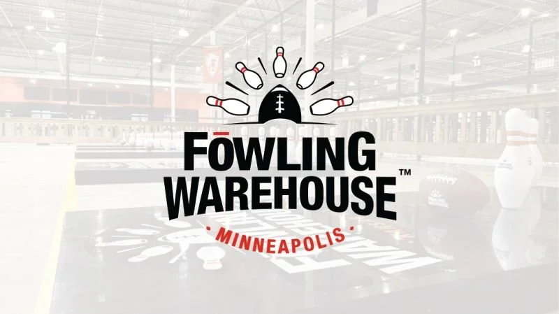 Logo for Fowling Warehouse, a bowling and football bowling sports venue in Minneapolis, with images of bowling pins and a football.