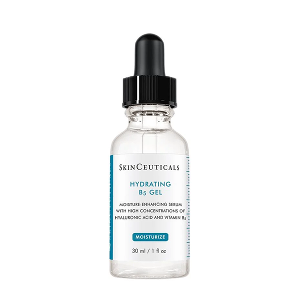 A clear glass bottle of SkinCeuticals Hydrating B5 Gel with a black dropper cap, featuring a white and blue label.