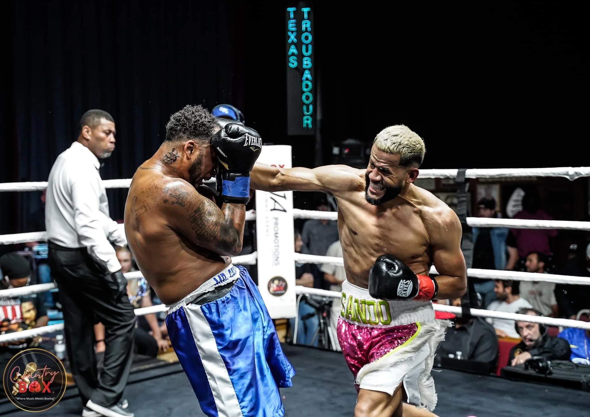 A boxing match showing one fighter delivering a punch to another fighter's face inside a boxing ring with spectators and officials in the background.