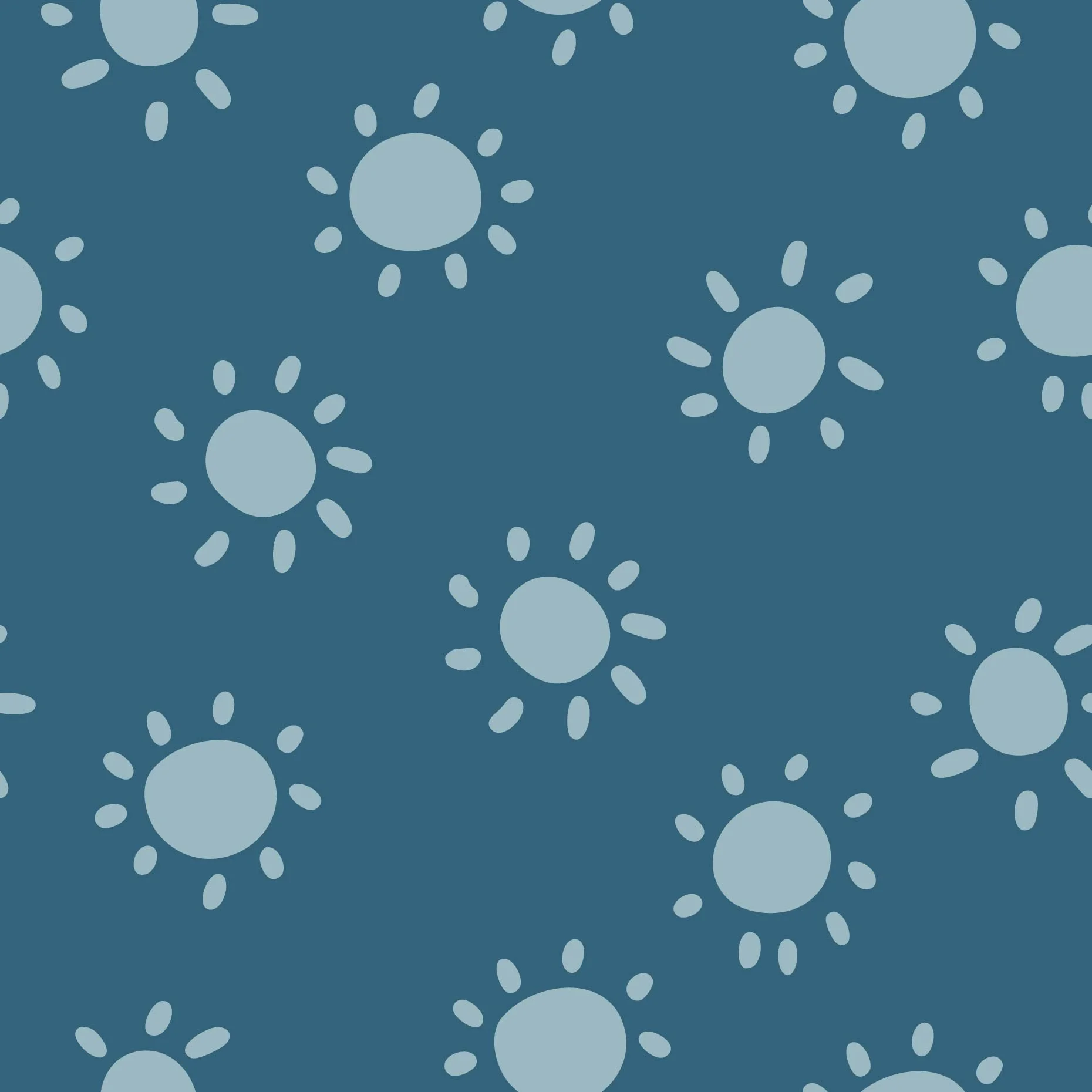 Pattern design swatch for fabric, textiles and wallpaper featuring muted light blue simple hand drawn suns in tossed print. Muted indigo blue background. 