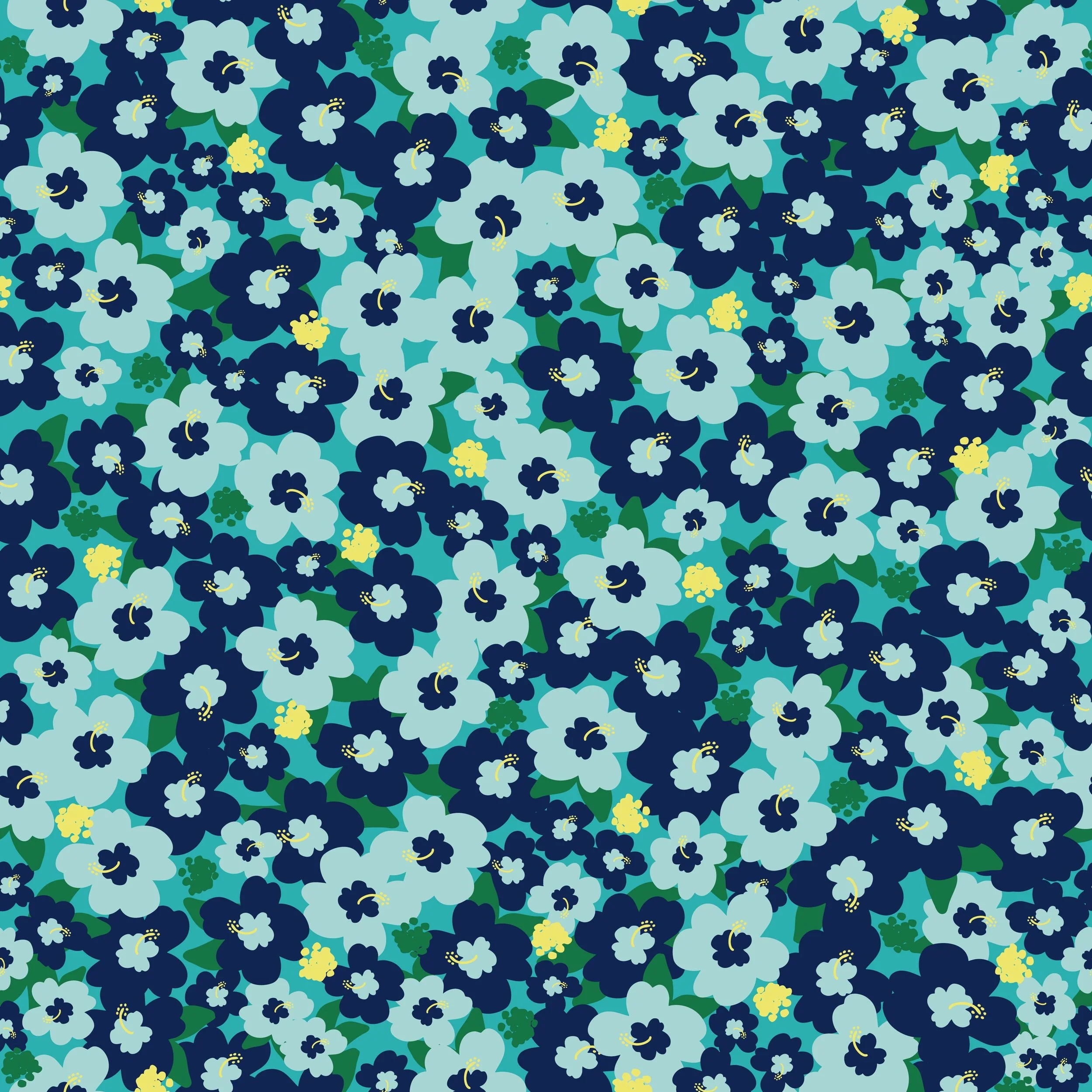 Tropical floral pattern design swatch for fabric, textiles and wallpaper featuring scattered and tightly packed hibiscus flowers in bright turquoise blue, navy blue, with bright green leaves and yellow centers. Bright aqua blue background. 