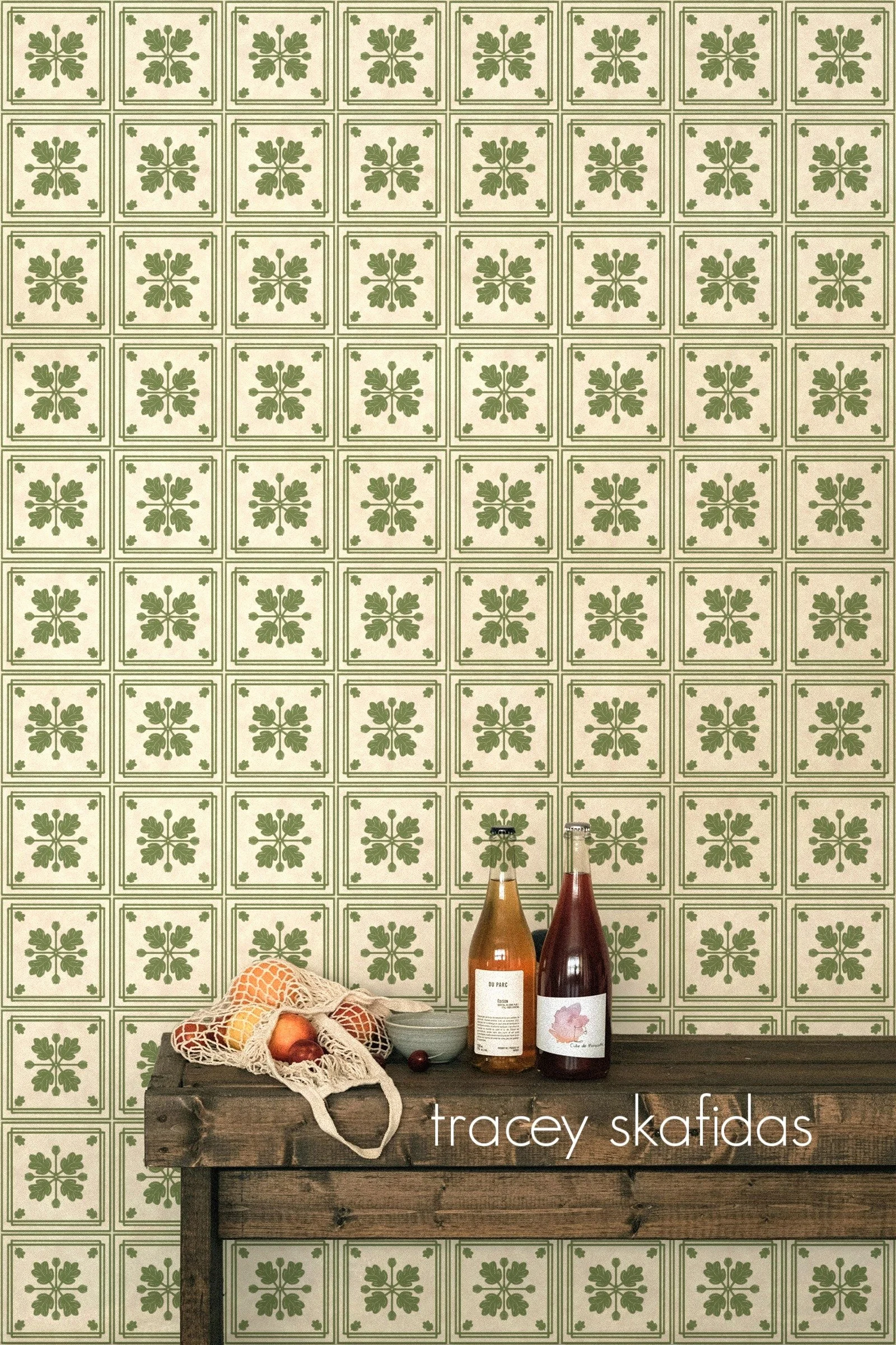 mediterranean-leaf-tile-olive-green-kitchen-rustic-bench-with-bottles.jpg