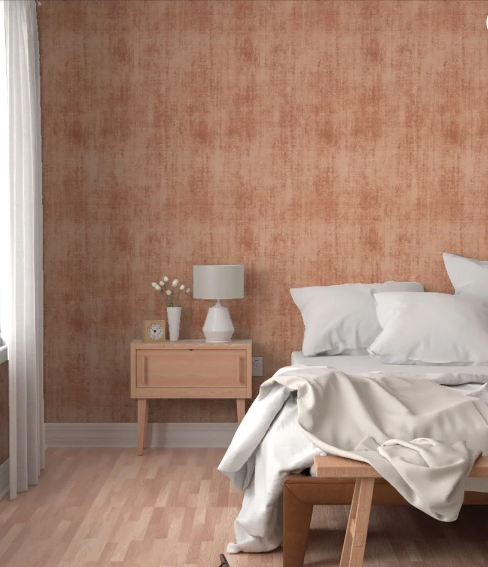 My Grunge Texture wallpaper ( and fabric) gives a room a warm, sophisticated vibe. Choose your favorite color or request a custom design! #wallpaperinspo #wallpaperdesigner #bohohome #interiordesign #interiordesigner #roominspo #bedroomideas #bedroom