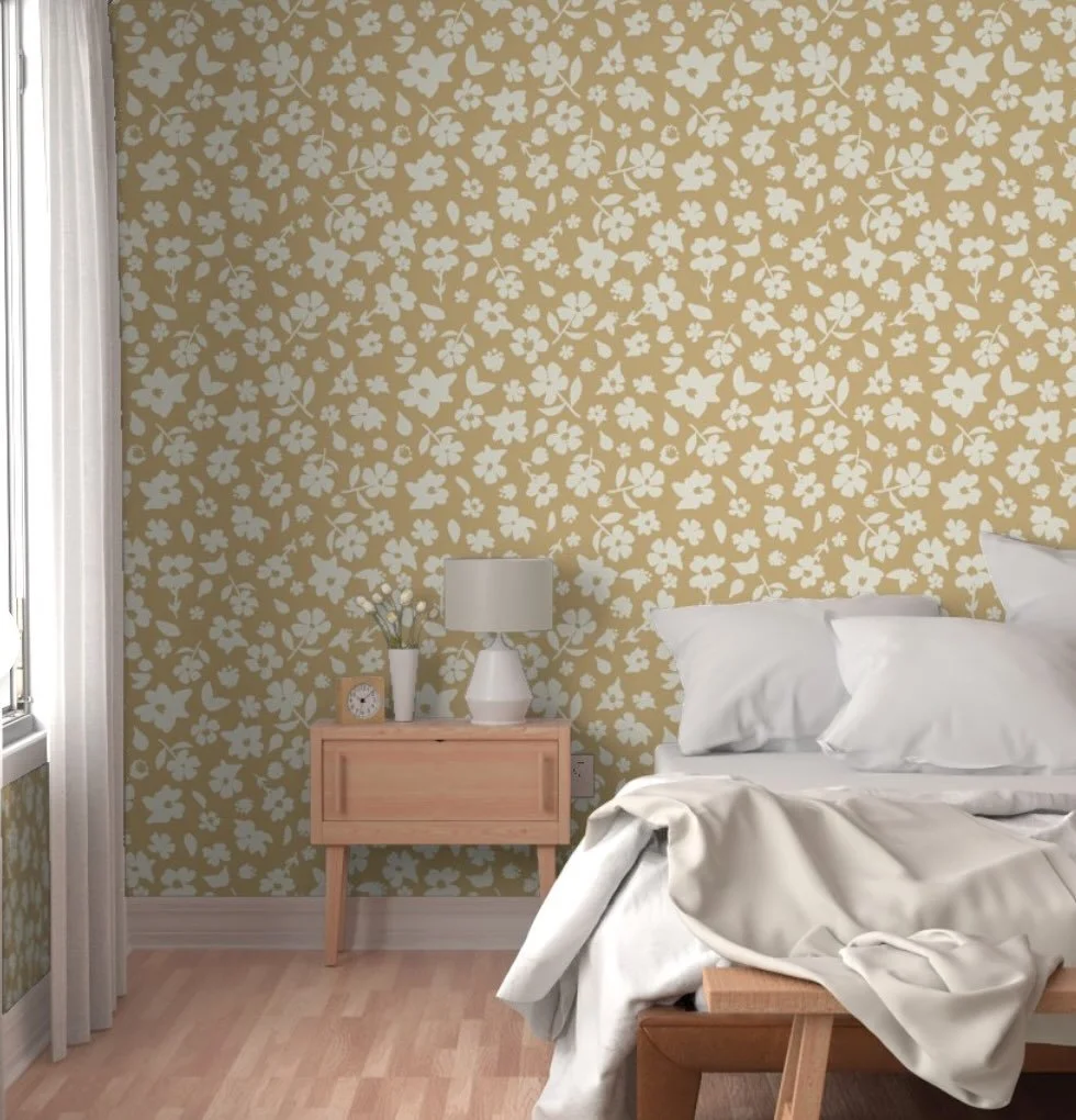 Warm goldenrod and cream hand drawn floral design: search #18726399 on Spoonflower.com ~ many colors &amp; scales available for wallpaper, fabric &amp; home decor, or request a custom color! #earthtones #bohohome #bohobedroom #floralwallpaper #illust
