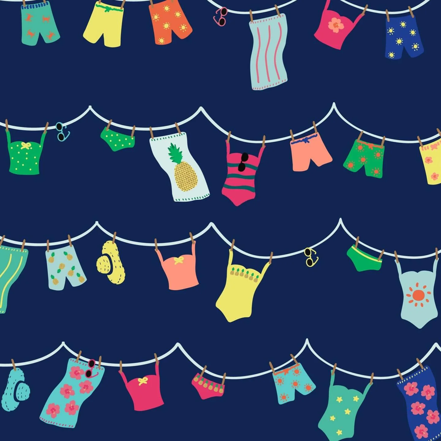 Swim suits on a drying line are such a happy summer vibe! 🥰 This print is part of my Surfs Up! collection, available for art licensing and on @spoonflower products in multiple color ways. 🏊🏼&zwj;♂️ #illustration #artlicensing #fabric #summerart #s