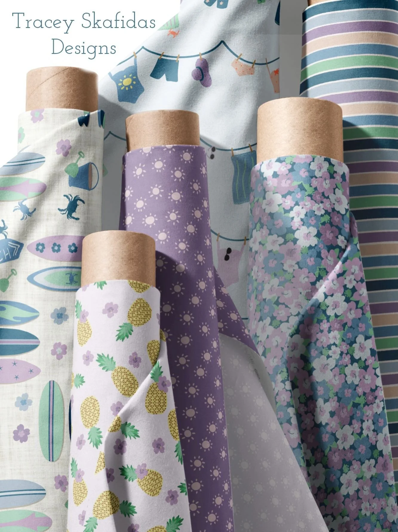 🏄&zwj;♀️Fabrics from my Surfs Up! collection, in an alternate muted coastal color way. Available on @spoonflower 
#fabricforsale #fabricdesigner #spoonflowerfabricdesign #summerfabric #kidsfabric