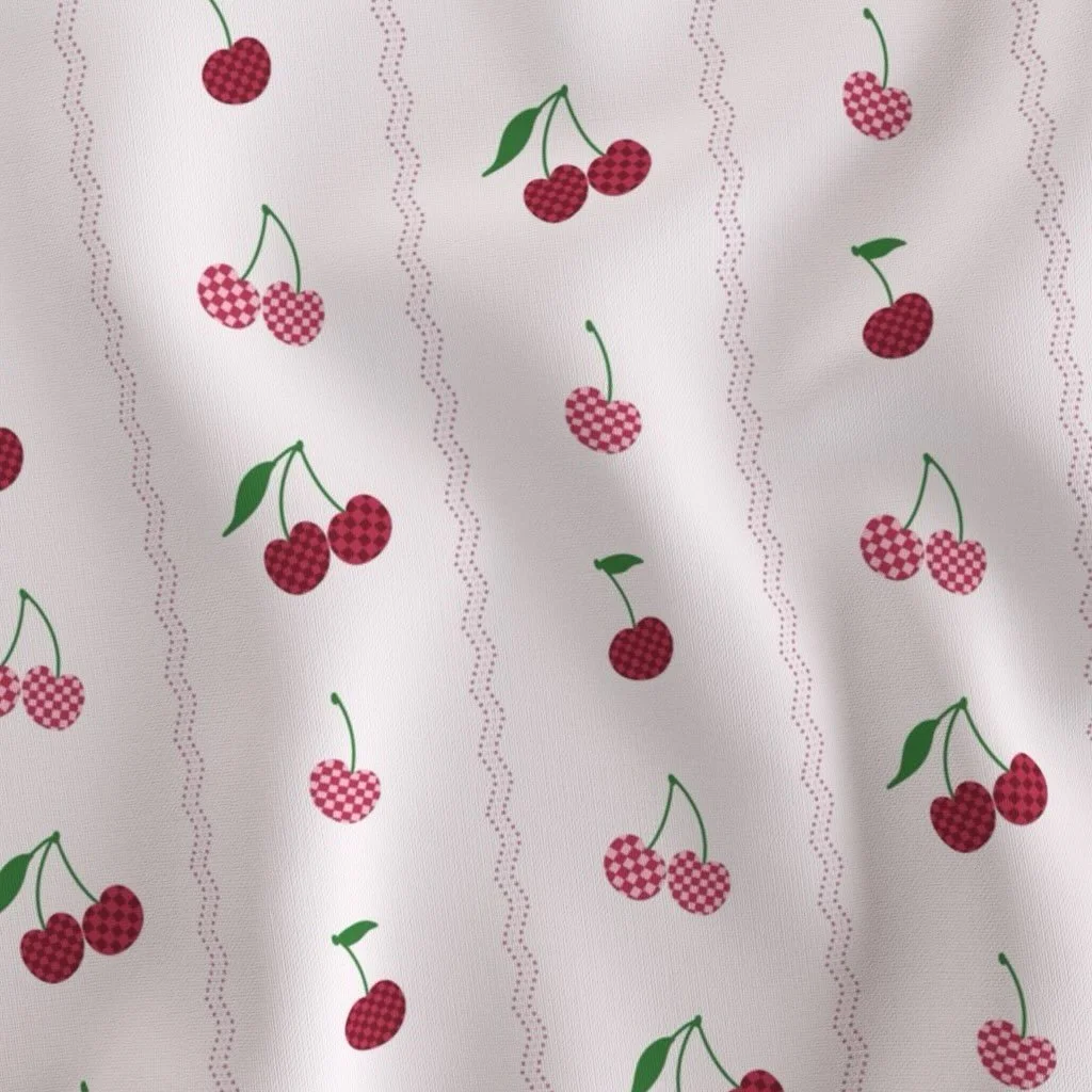 🍒 Sweet checkerboard cherries and a red and pink wavy stripe, available in my Spoonflower shop. Contact me for licensing inquiries. Search design #21824053 on Spoonflower.com to see this design on fabric, wallpaper, bedding, tabletop and more! 

#ch