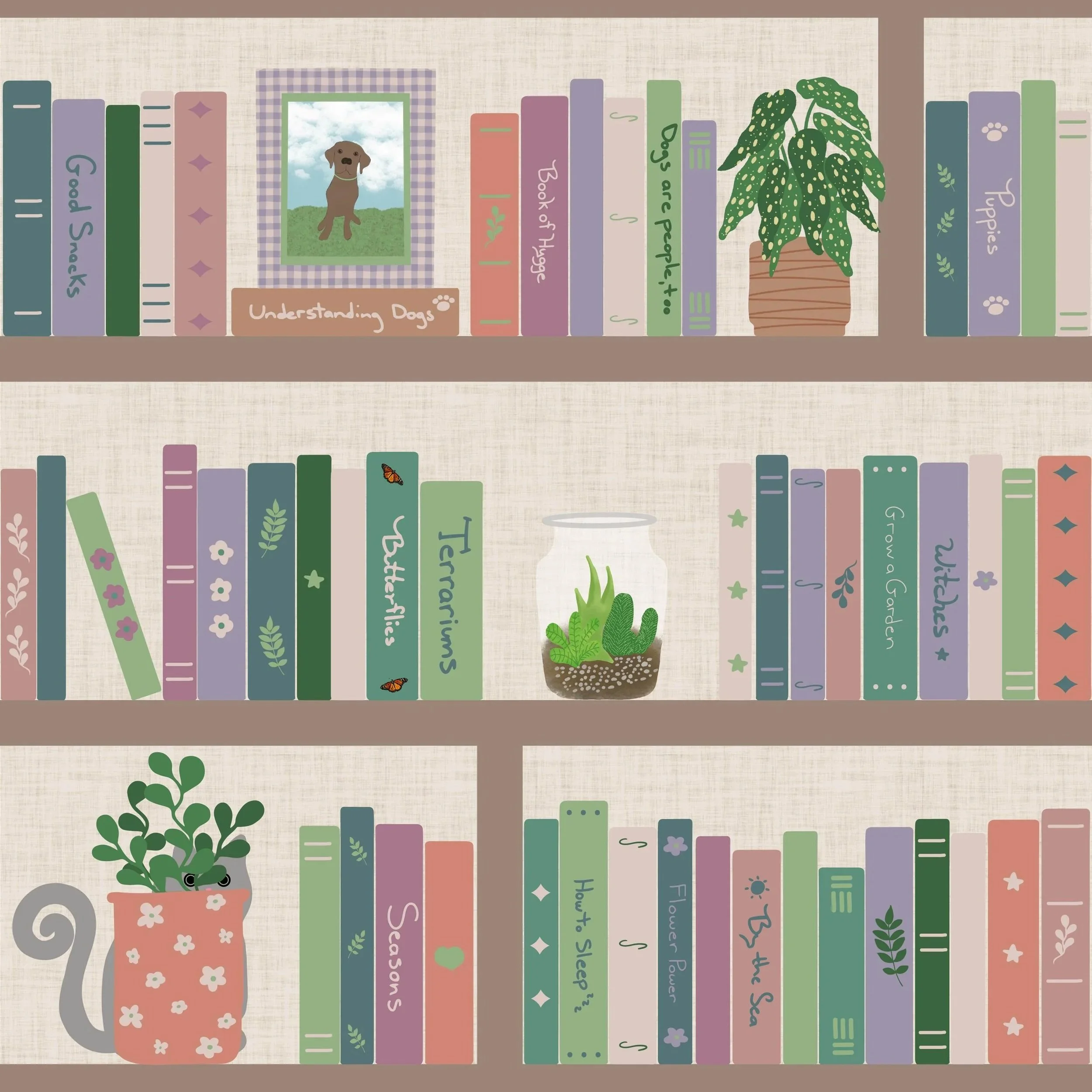 Cozy boho bookshelf pattern, with cats and plants. Available in multiple scales.
