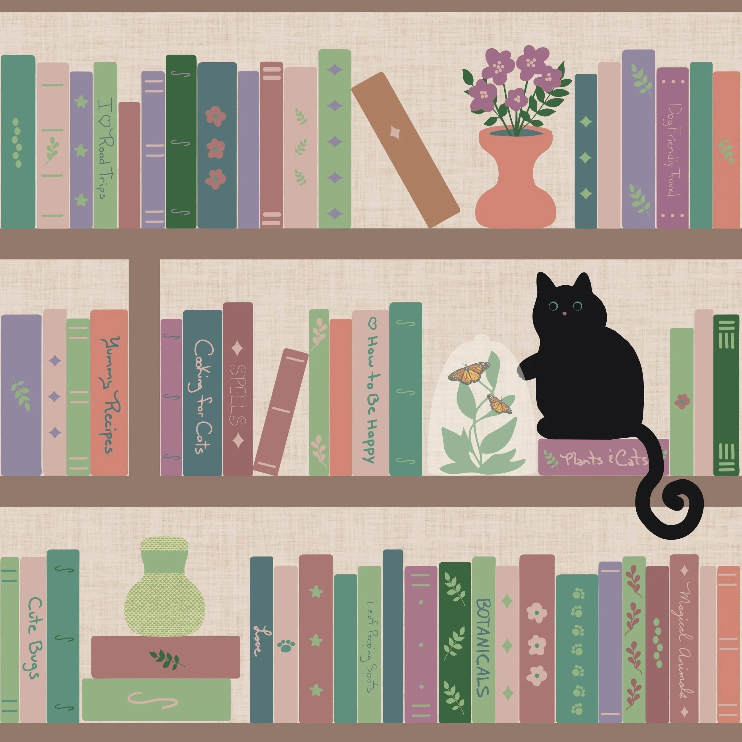 Book lovers bookshelf with cats, plants and funny little details.
