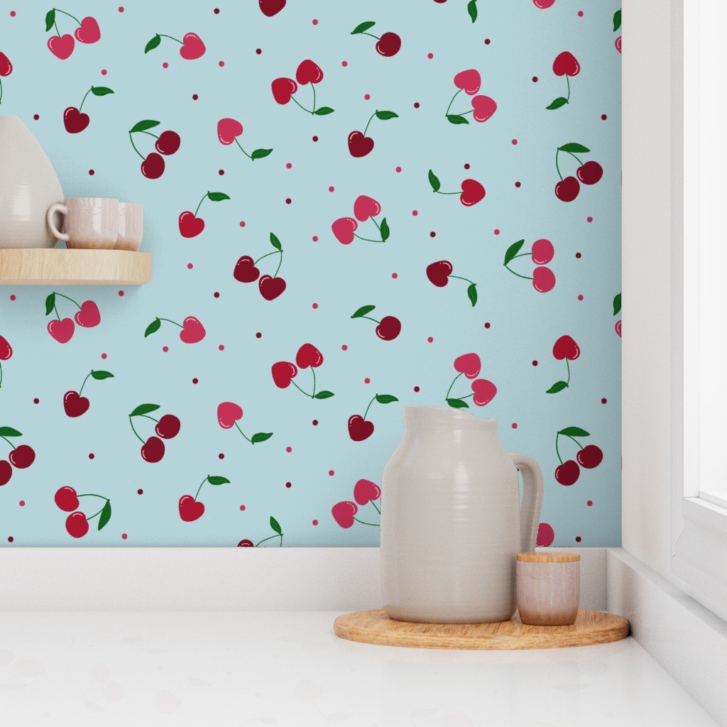 Retro Cherries on Light Blue Wallpaper