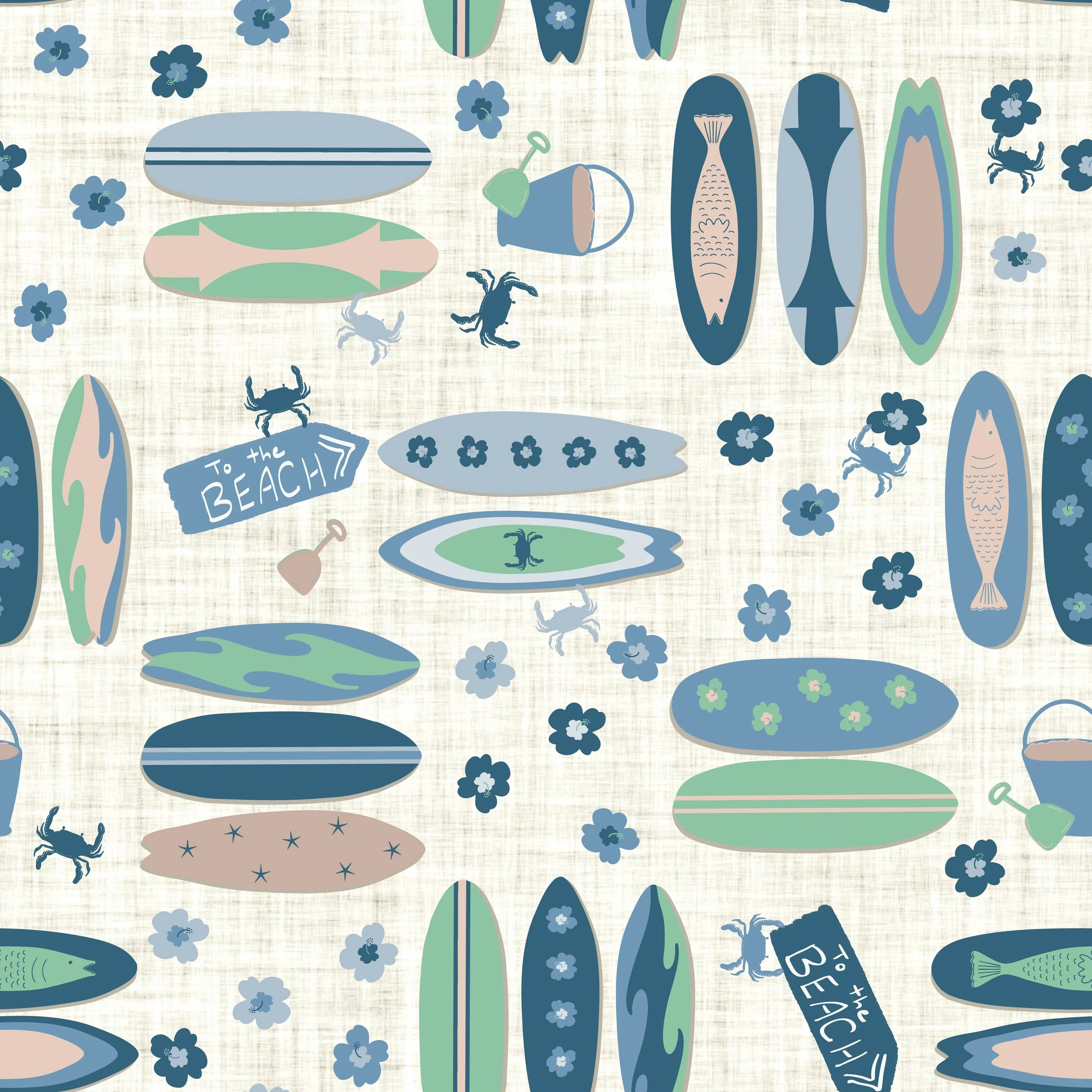 Design swatch for fabric and wallpaper featuring cute muted colored surfboards, navy, beige, cornflower blue, mint green and light blue hibiscus flowers and crabs beside sand buckets and signs with text reading "to the beach" on a light ivory linen t