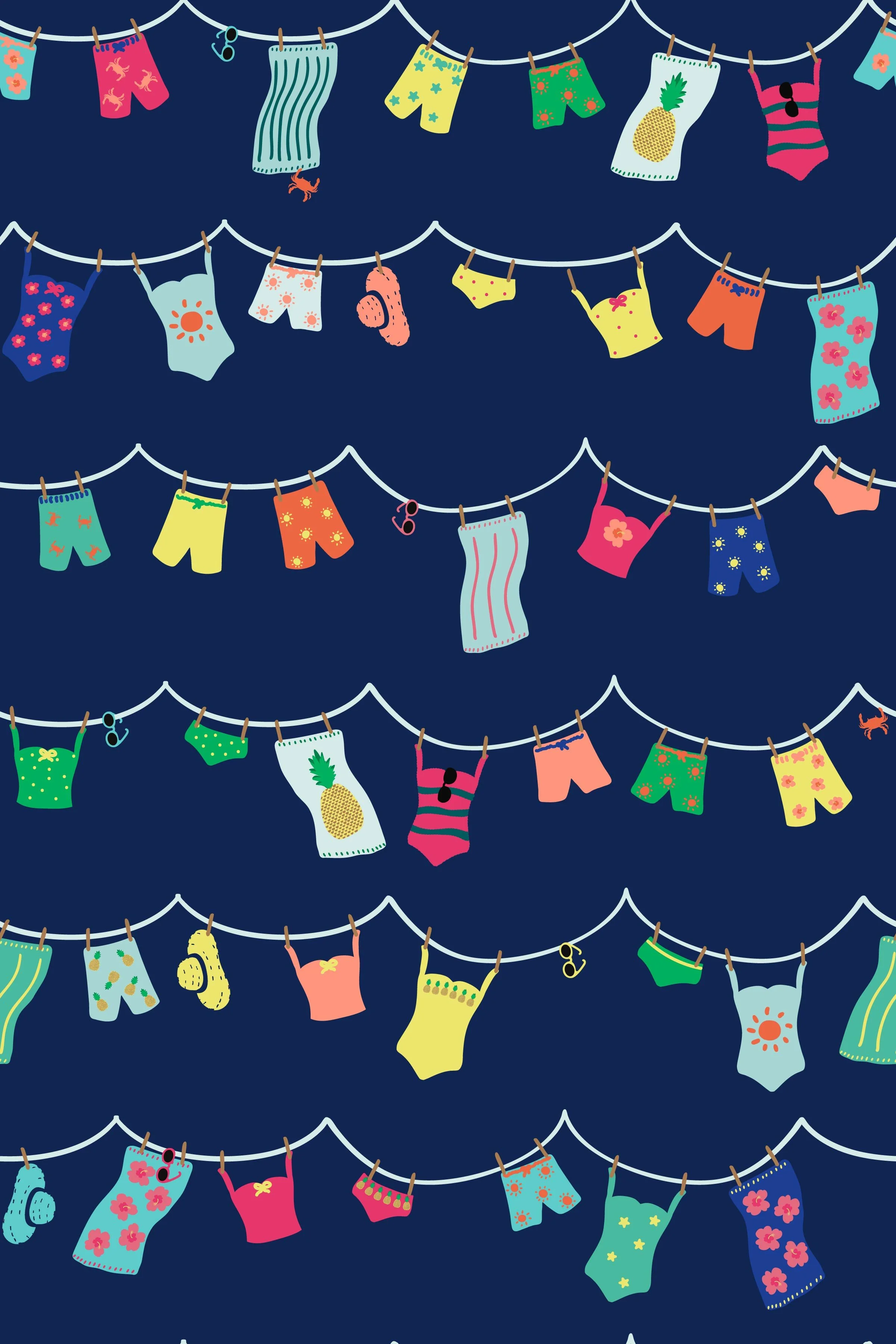 Pattern design swatch for fabric and wallpaper featuring brightly colored cute swimsuits, beach towels, bikini bottoms and tankini tops, sunglasses, and sun hats hanging from a laundry line. navy blue background. 