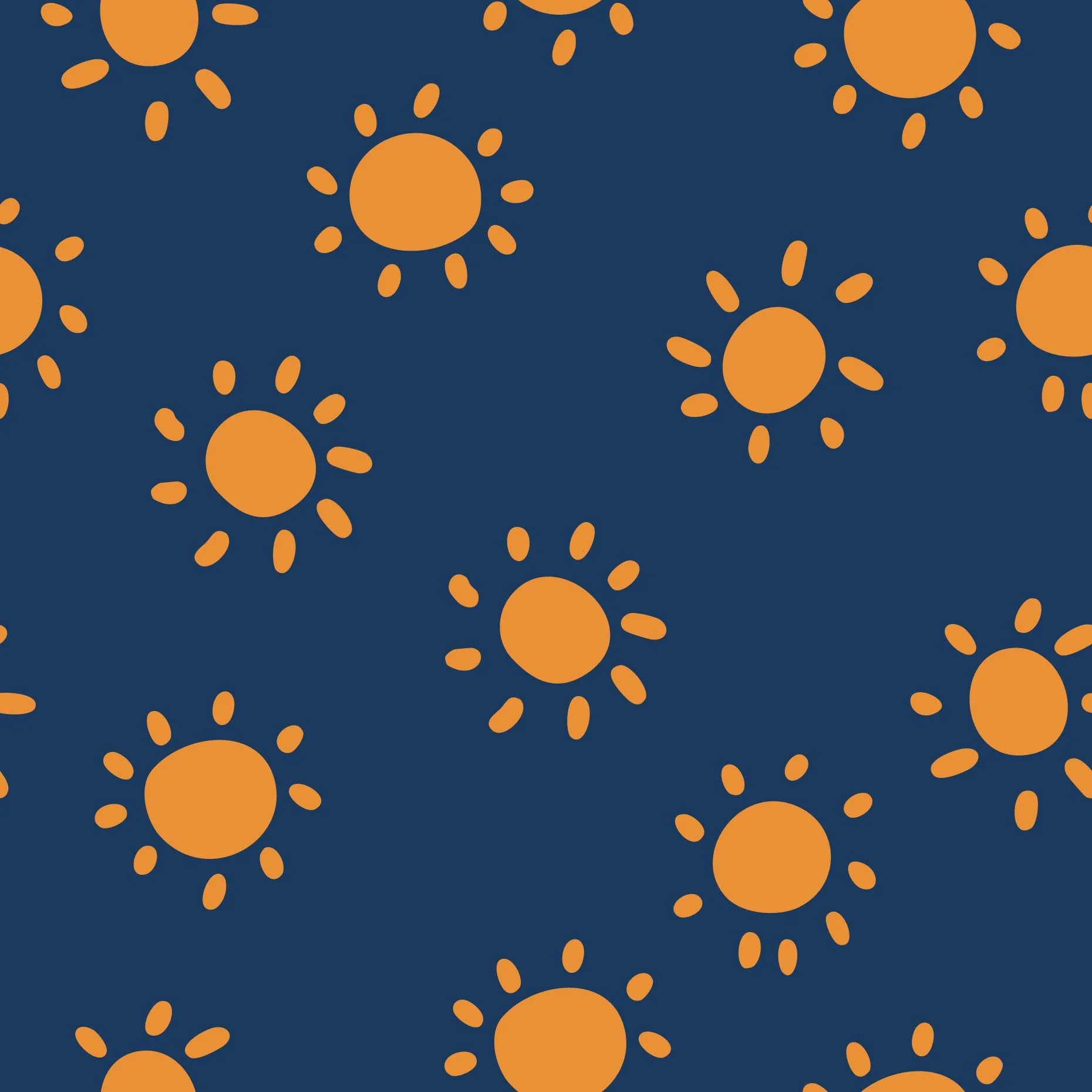 Pattern design swatch for fabric, textiles and wallpaper featuring bold orange yellow simple hand drawn suns in tossed print. Navy blue background. 
