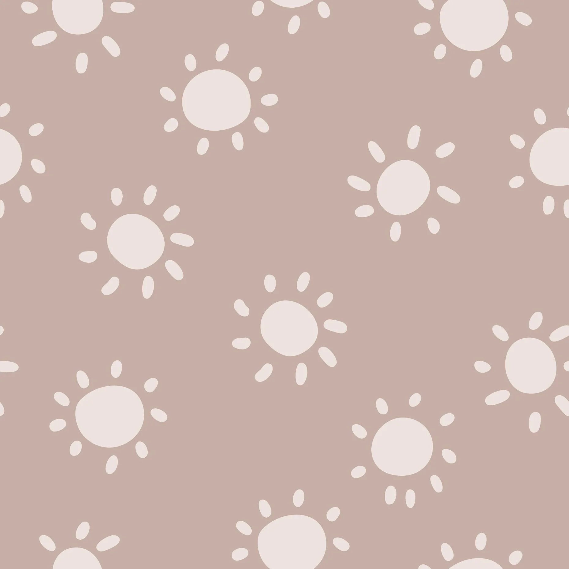 Pattern design swatch for fabric, textiles and wallpaper featuring muted pale beige simple hand drawn suns in tossed print. Tan background. 