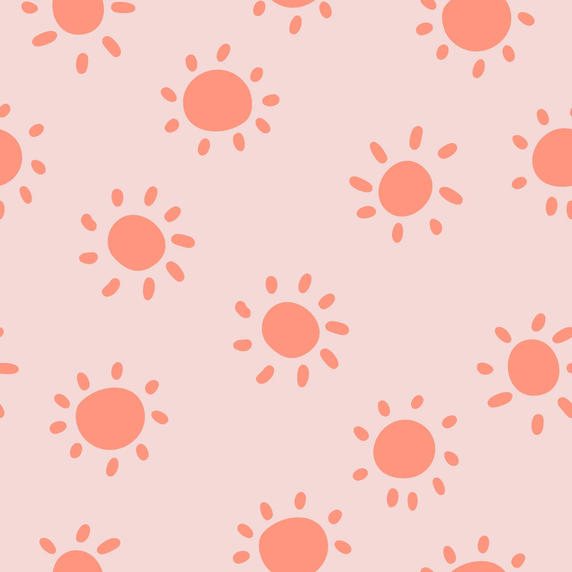 Pattern design swatch for fabric, textiles and wallpaper featuring brightly colored simple hand drawn suns in bright coral. Pastel peach background. 
