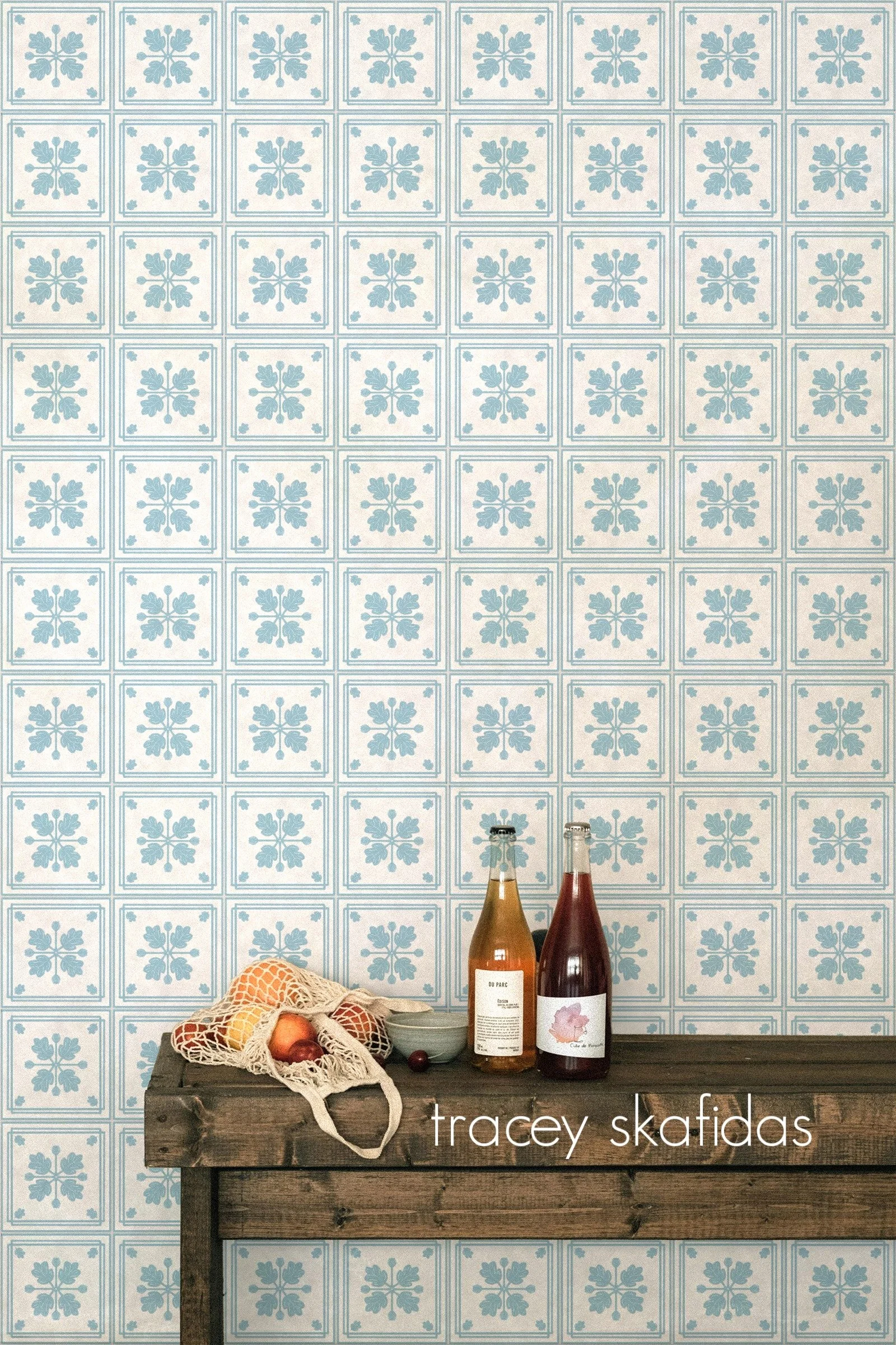 mediterranean-leaf-tile-icy-blue-kitchen-rustic-bench-with-bottles.jpg