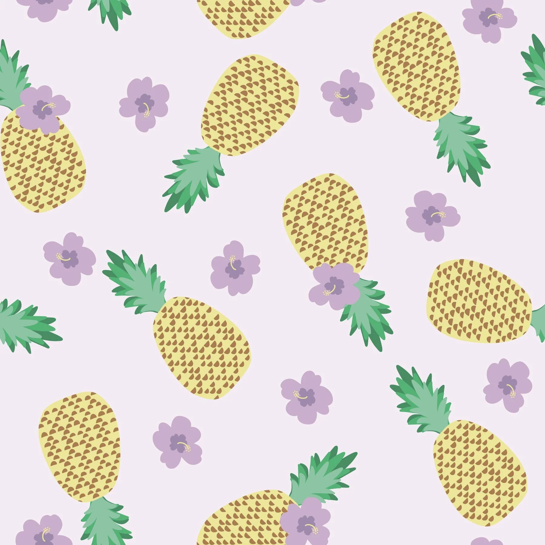Pattern design swatch for fabric, textiles and wallpaper featuring hand drawn  yellow pineapples with green stems and lavender purple hibiscus flowers in tossed print. Pastel light purple background. 