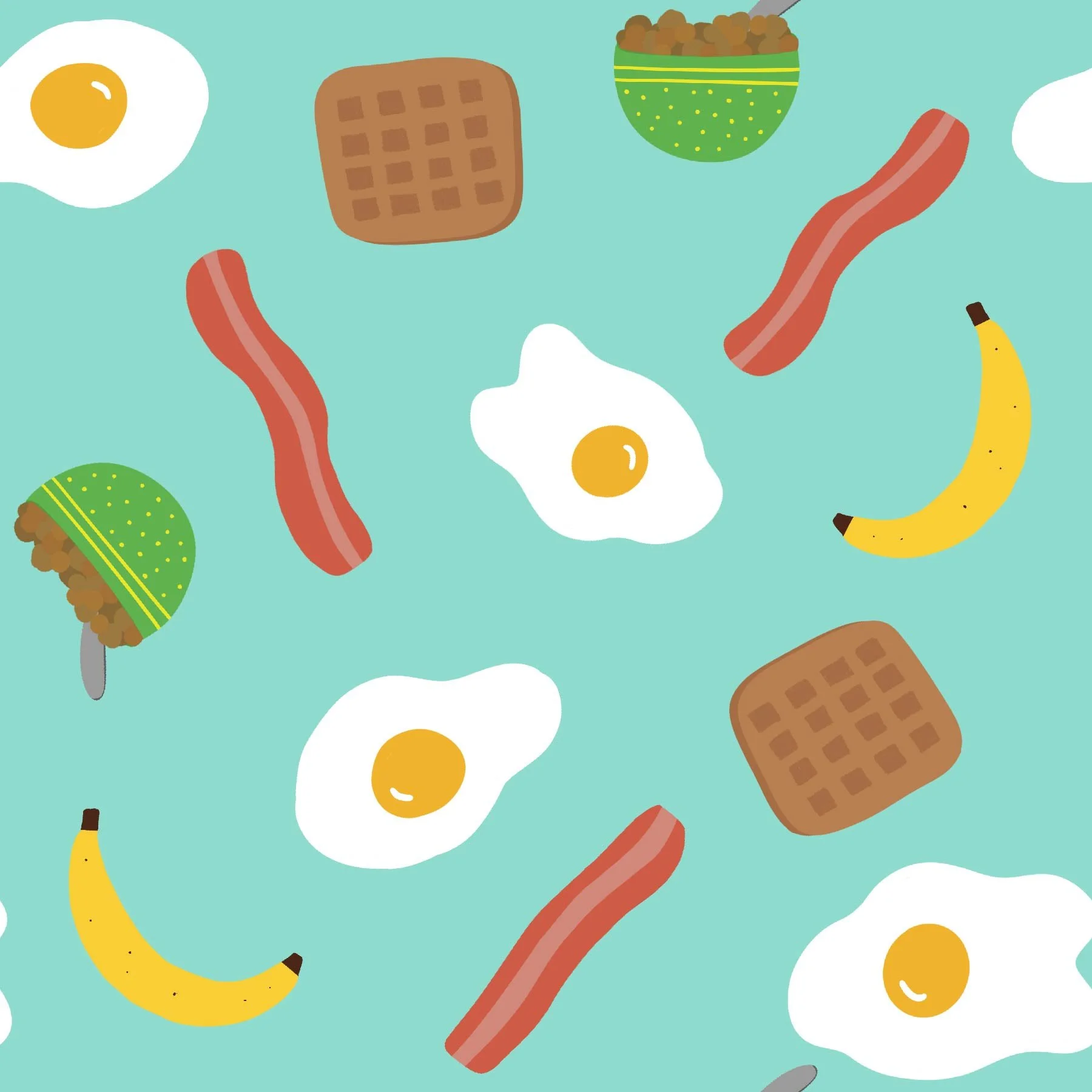Pattern of breakfast foods including fried eggs, bacon strips, waffles, bananas, chicken legs, and green bowls of cereal on a light blue background.