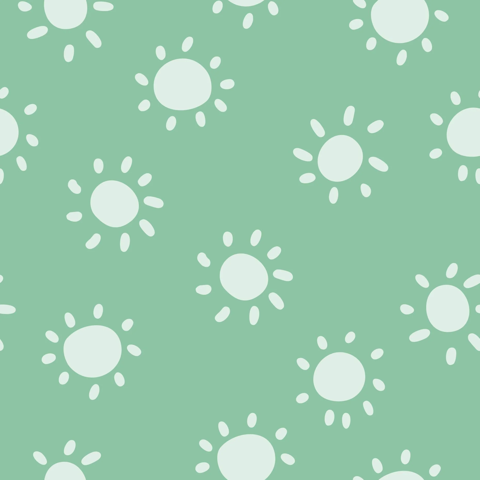 Pattern design swatch for fabric, textiles and wallpaper featuring muted pale mint green simple hand drawn suns in tossed print. Pastel mint green background. 