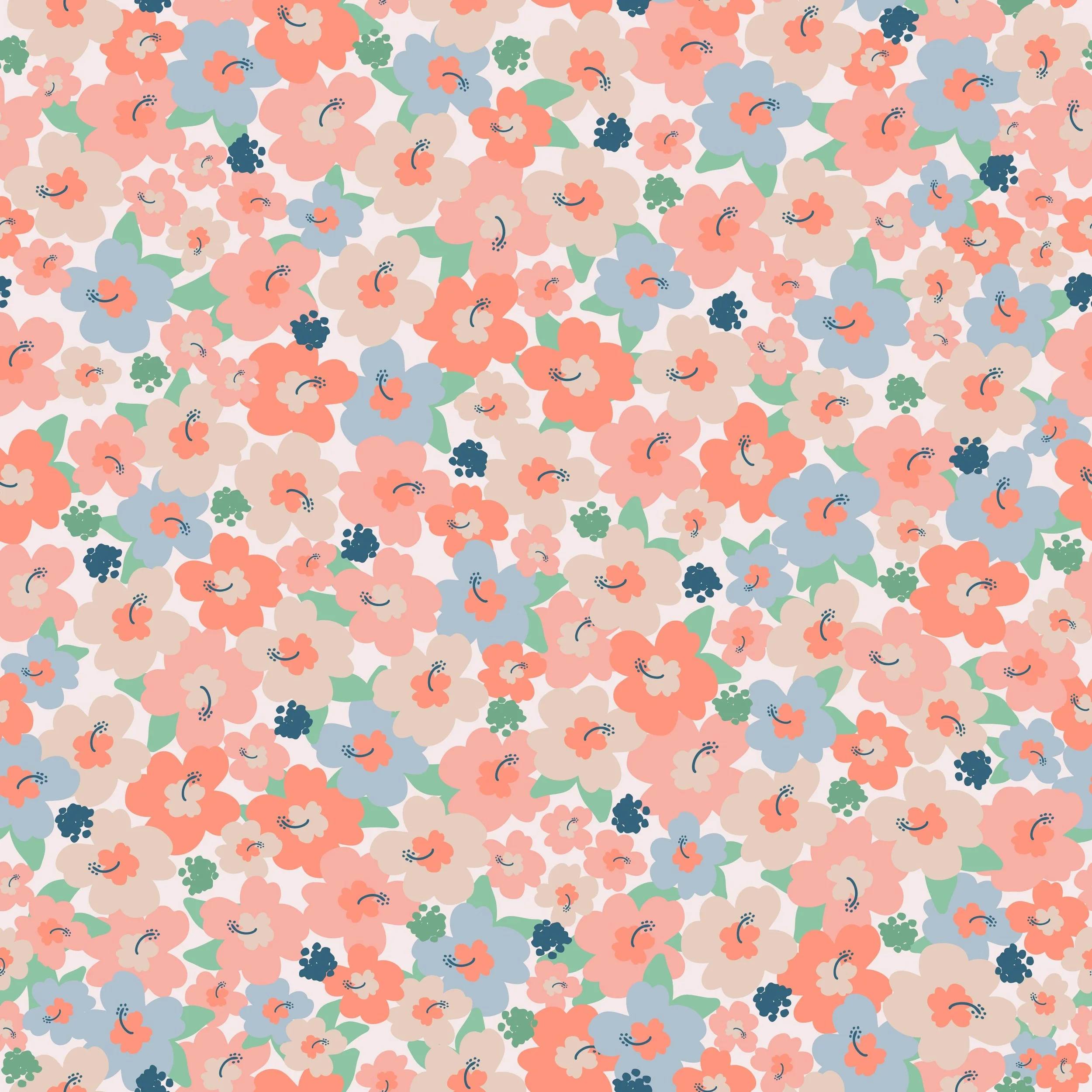 Tropical floral pattern design swatch for fabric, textiles and wallpaper featuring scattered and tightly packed hibiscus flowers in cornflower blue, light blue, coral peach, light pink, with mint green leaves. Light background. 