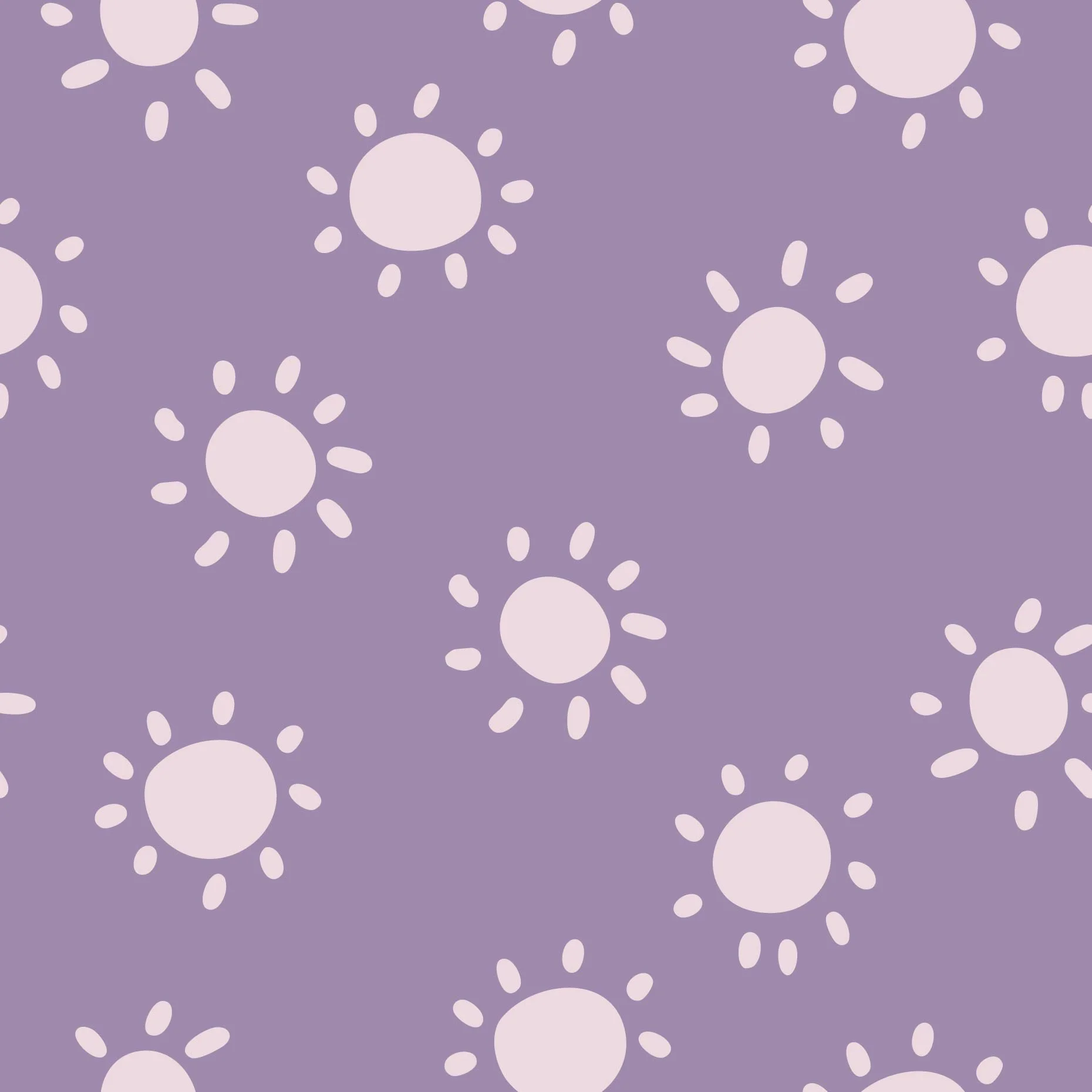 Pattern design swatch for fabric, textiles and wallpaper featuring muted pale pink simple hand drawn suns in tossed print. Light purple lavender background. 