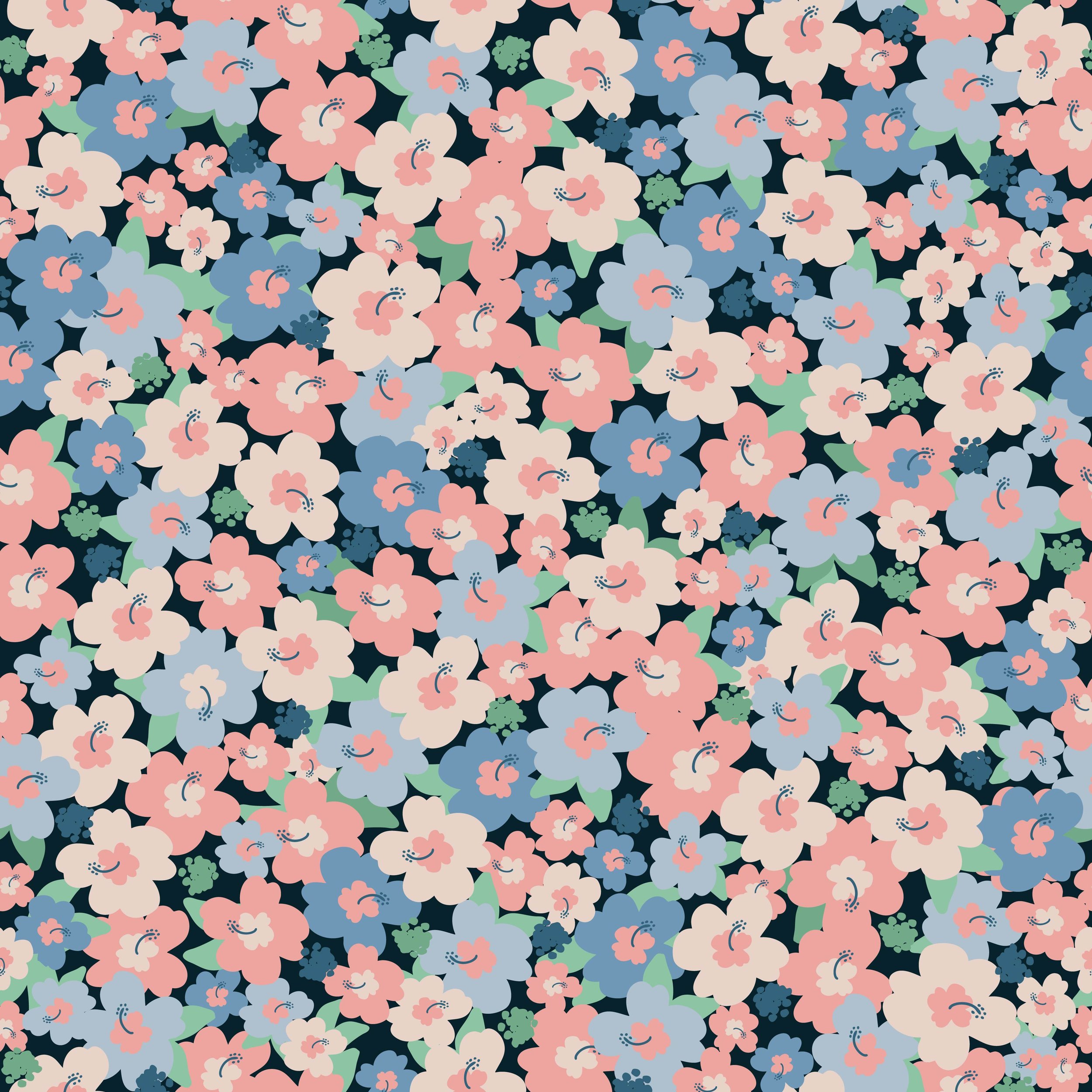 Floral pattern design swatch for fabric, textiles and wallpaper featuring scattered and tightly packed hibiscus flowers in muted colors: cornflower blue, light blue, blush pink, light pink, with mint green leaves. Dark blue background. 