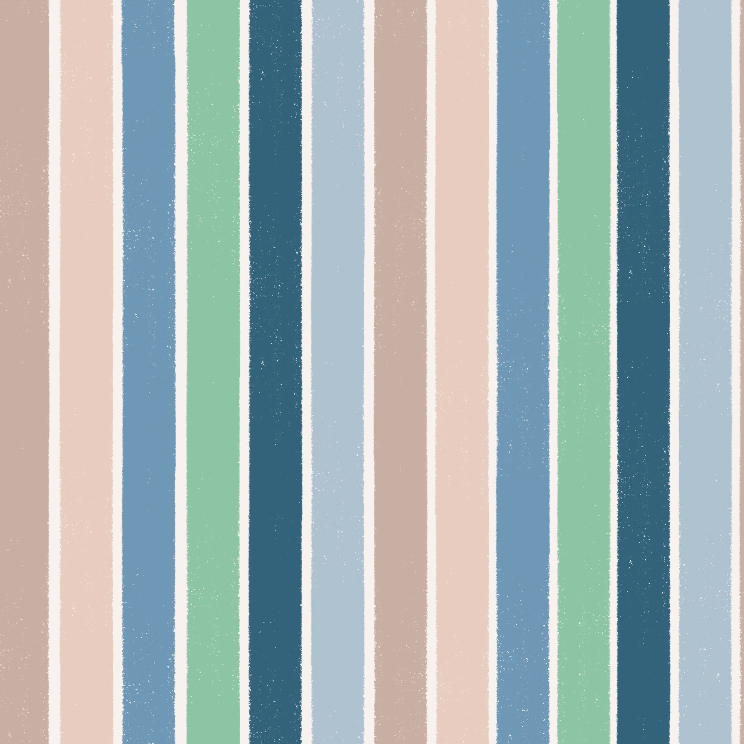 Coastal pattern design swatch for fabric, textiles and wallpaper featuring vertical stripes with hand drawn texture in muted pastel colors: mint green, cornflower blue, sandy beige, light blue, and navy blue.