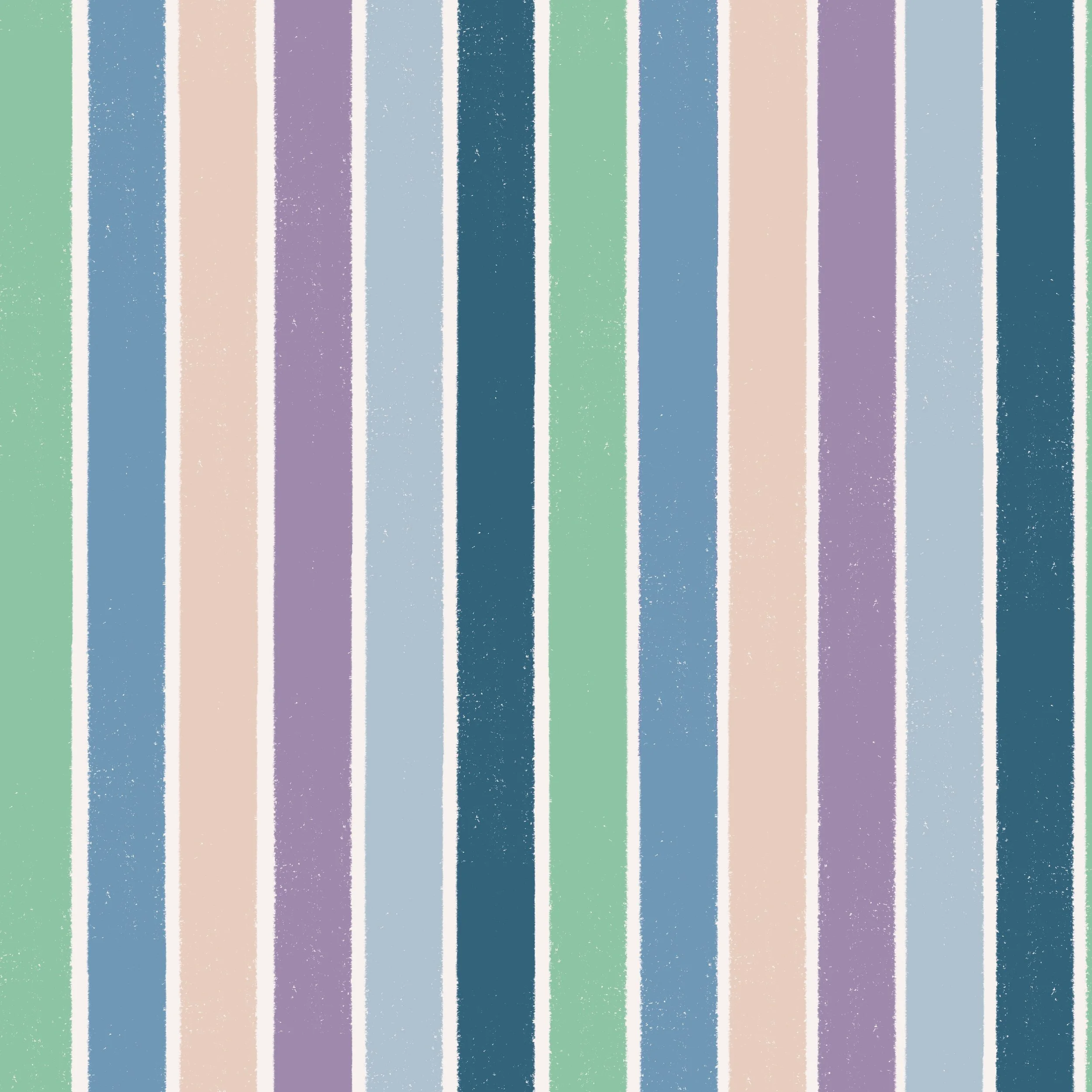 Coastal pattern design swatch for fabric, textiles and wallpaper featuring vertical stripes with hand drawn texture in muted pastel colors: mint green, cornflower blue, sandy beige, lilac purple, light blue, and navy blue.