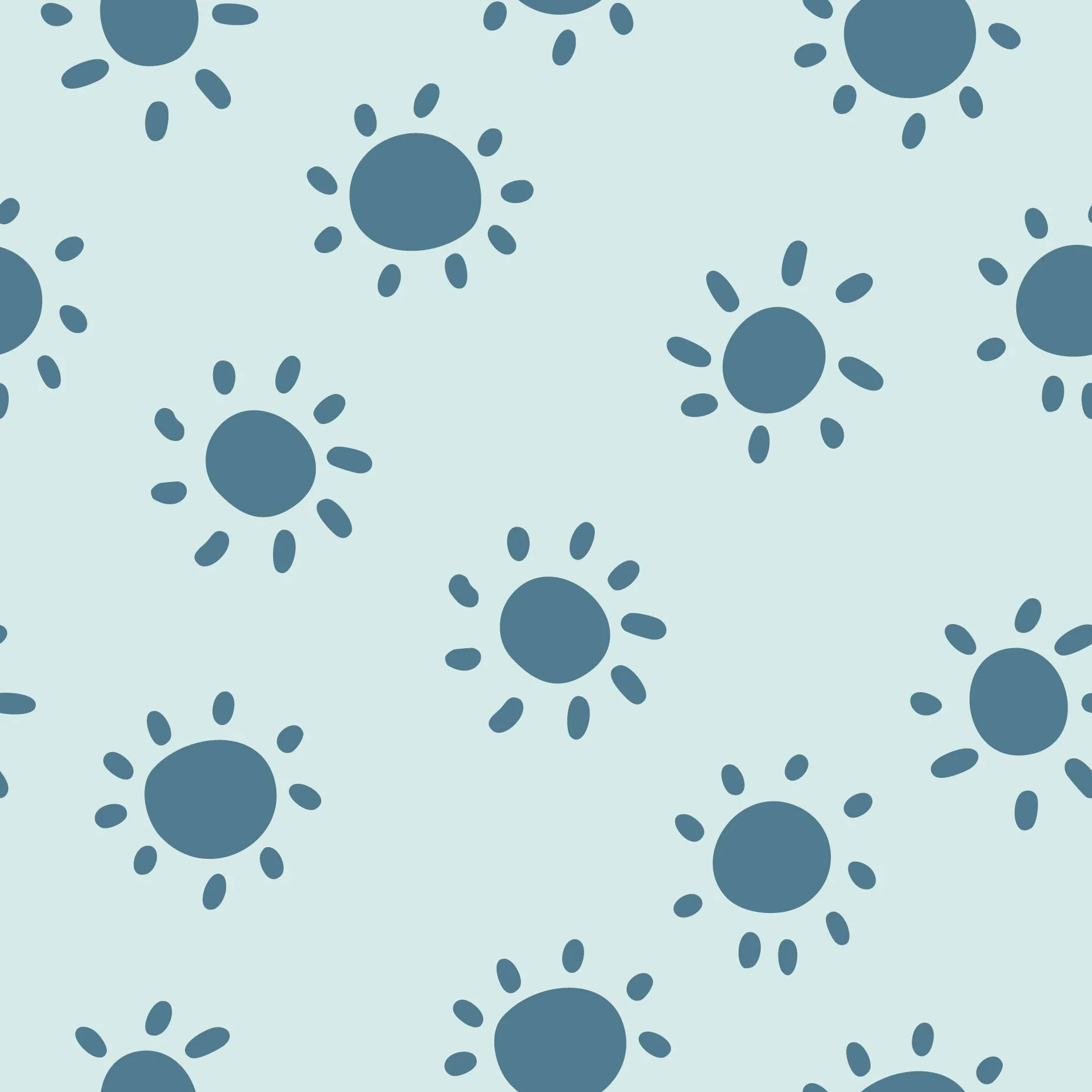 Pattern design swatch for fabric, textiles and wallpaper featuring muted dark blue simple hand drawn suns in tossed print. Pastel light blue background. 
