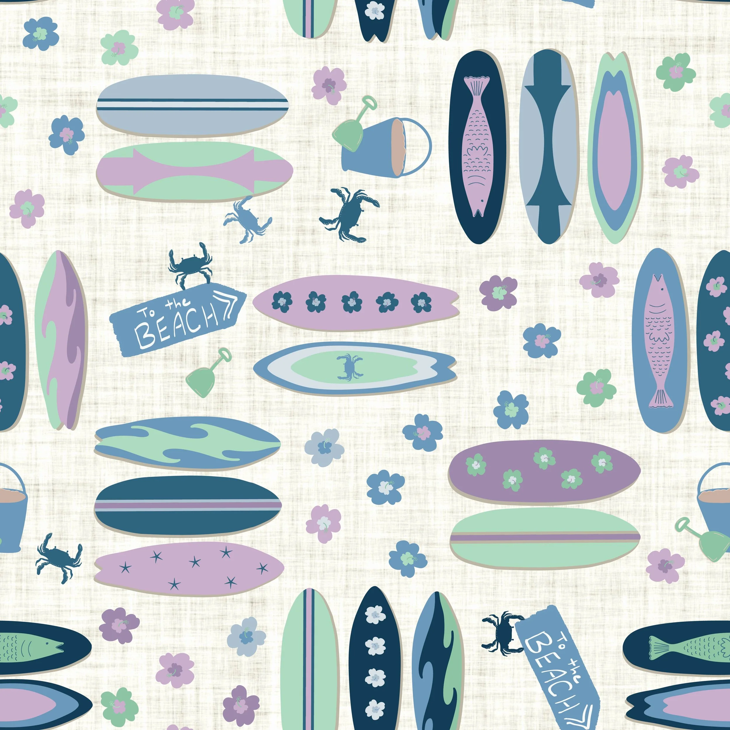 Design swatch for fabric and wallpaper featuring cute muted colored surfboards, lilac, purple, lavender, mint green and light blue hibiscus flowers and crabs beside sand buckets and signs with text reading "to the beach" on a light ivory linen textur