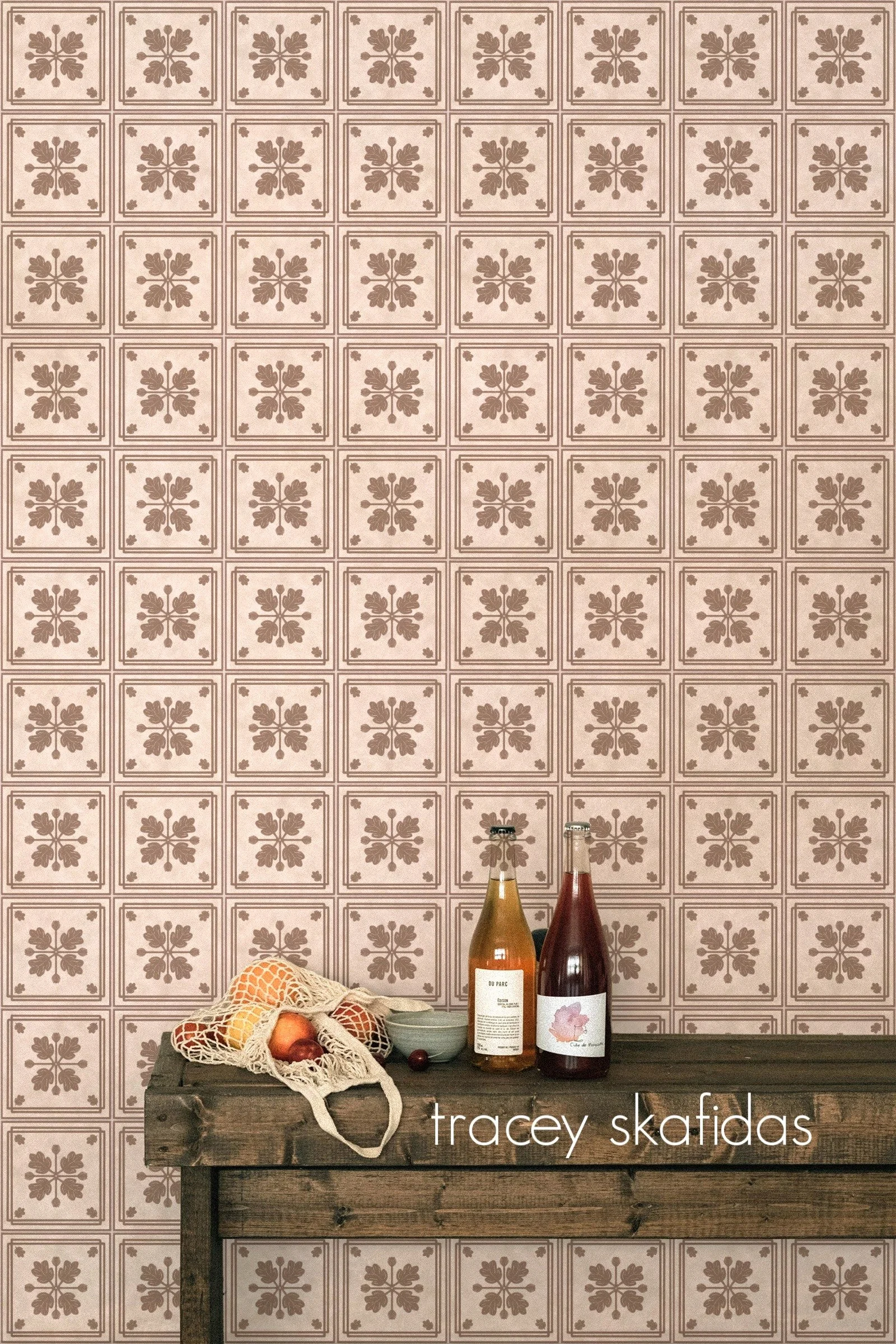 mediterranean-leaf-tile-mocha-kitchen-rustic-bench-with-bottles.jpg