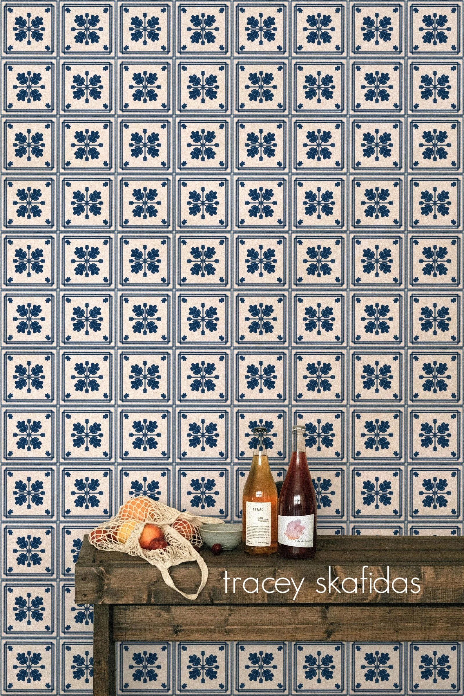 indigo blue mediterranean faux tile wallpaper