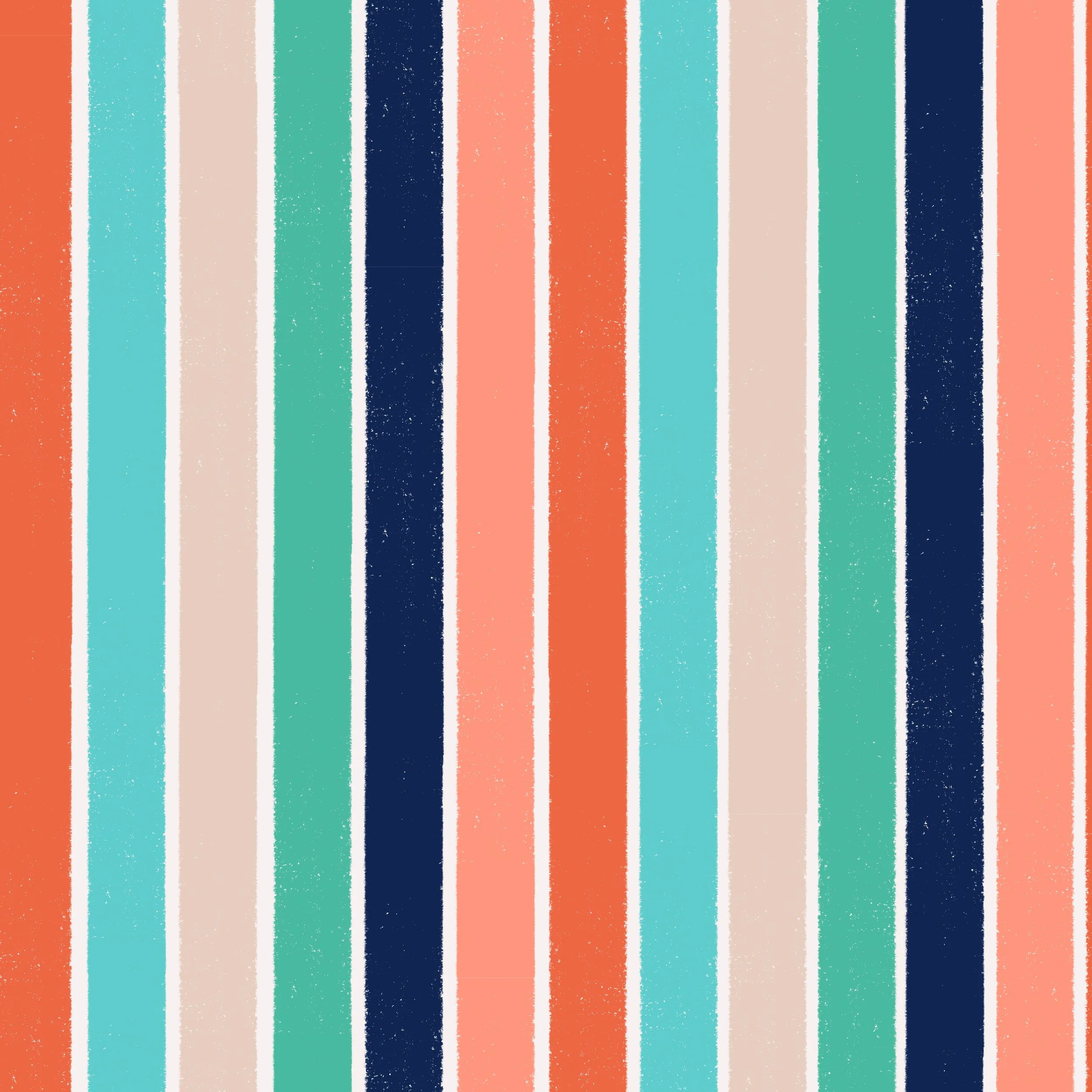 Coastal pattern design swatch for fabric, textiles and wallpaper featuring Vertical stripes with hand drawn texture in bold colors: orange, aqua blue green, beige, sea green, navy blue and coral.