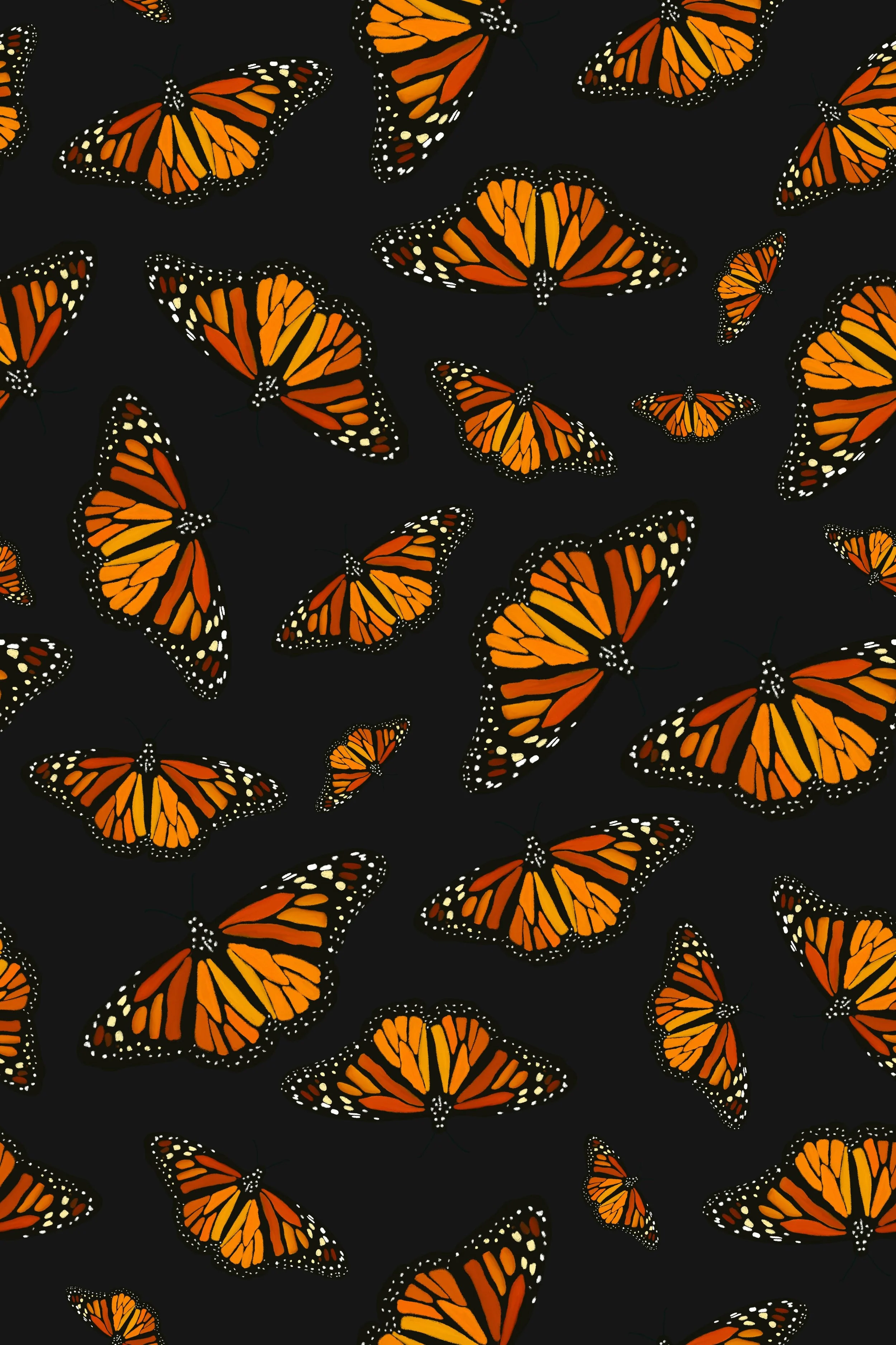 Wallpaper Pattern of orange monarch butterflies on a black background.