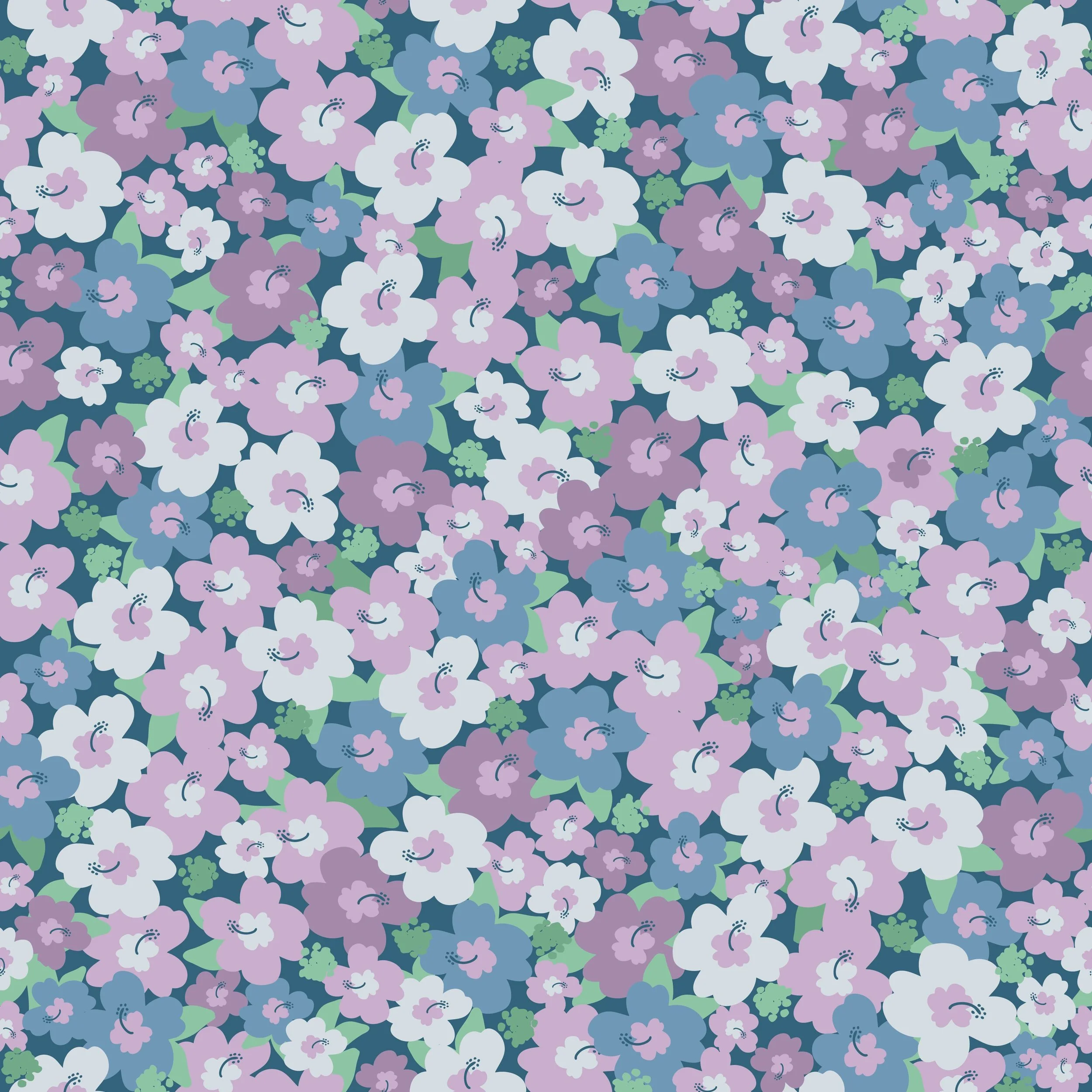 Tropical floral pattern design swatch for fabric, textiles and wallpaper featuring scattered and tightly packed hibiscus flowers in cornflower blue, light blue, lavender, lilac purple with mint green leaves. Dark blue background. 