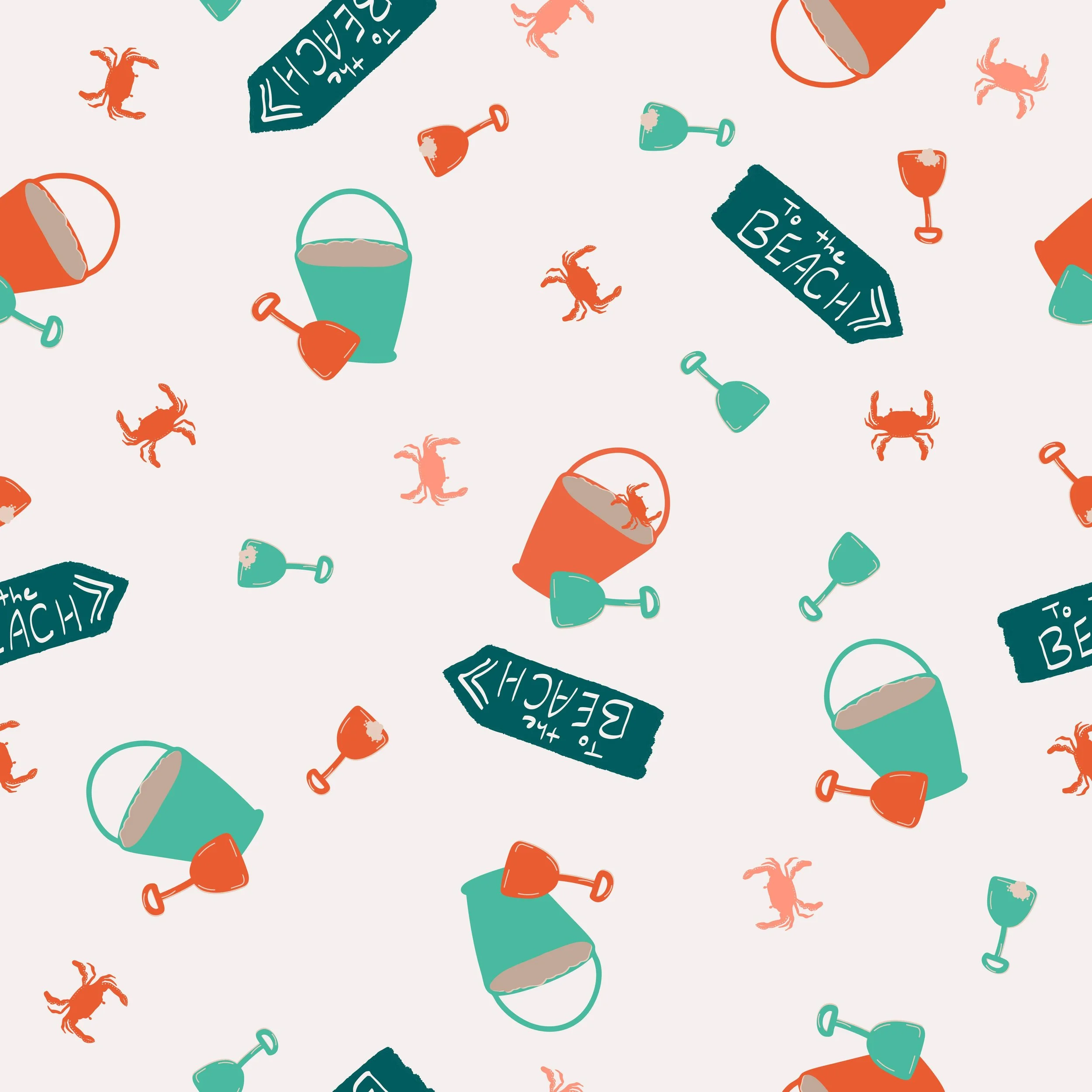 Pattern design swatch for fabric, textiles and wallpaper featuring sand pails and shovels, crabs and arrow shaped signs that read text "to the beach" in bright orange, coral and sea green colors. Pale peach background. 