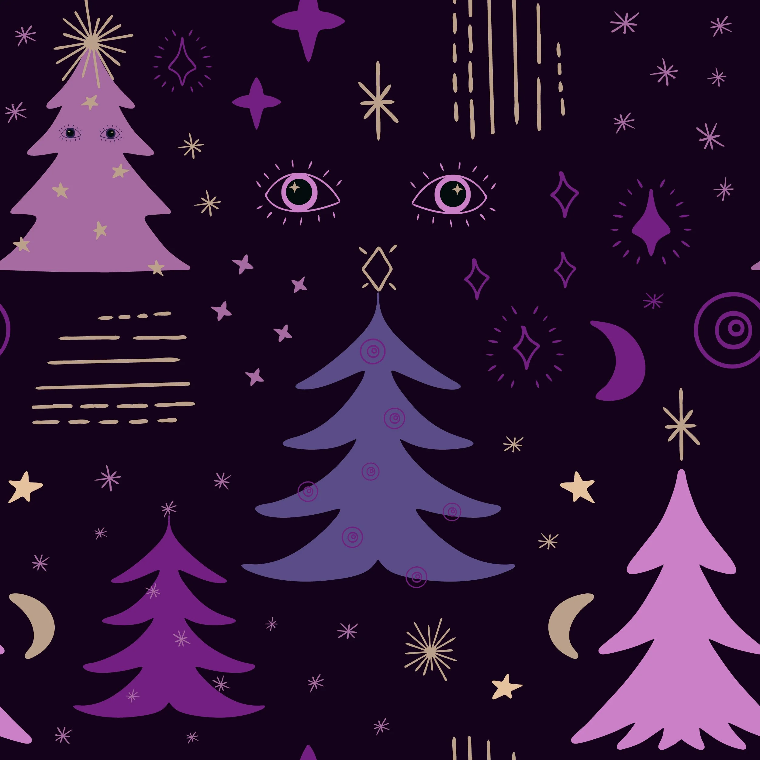 Stylized Christmas trees with stars, moons, and abstract shapes in purple and lavender shades against a dark background.