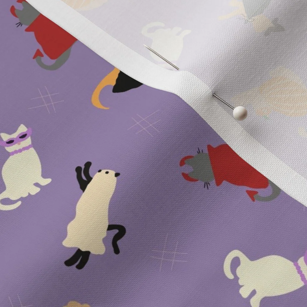 Pattern featuring cartoon cats and dogs on a purple background, with some wearing sunglasses, and additional small decorative elements.