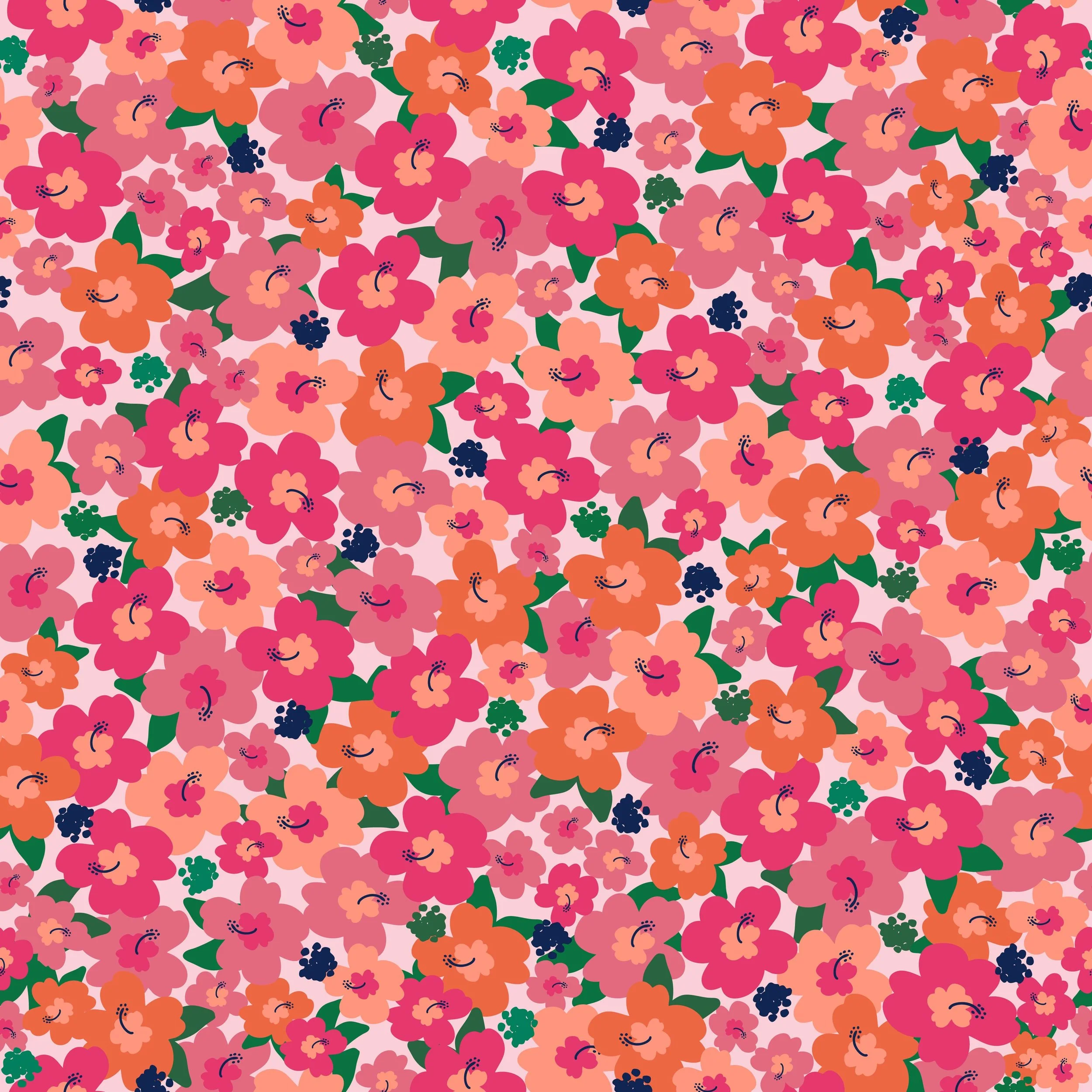 Tropical floral pattern design swatch for fabric, textiles and wallpaper featuring scattered and tightly packed hibiscus flowers in hot pink, orange, navy, coral peach, with bright green leaves. Pastel pink background. 