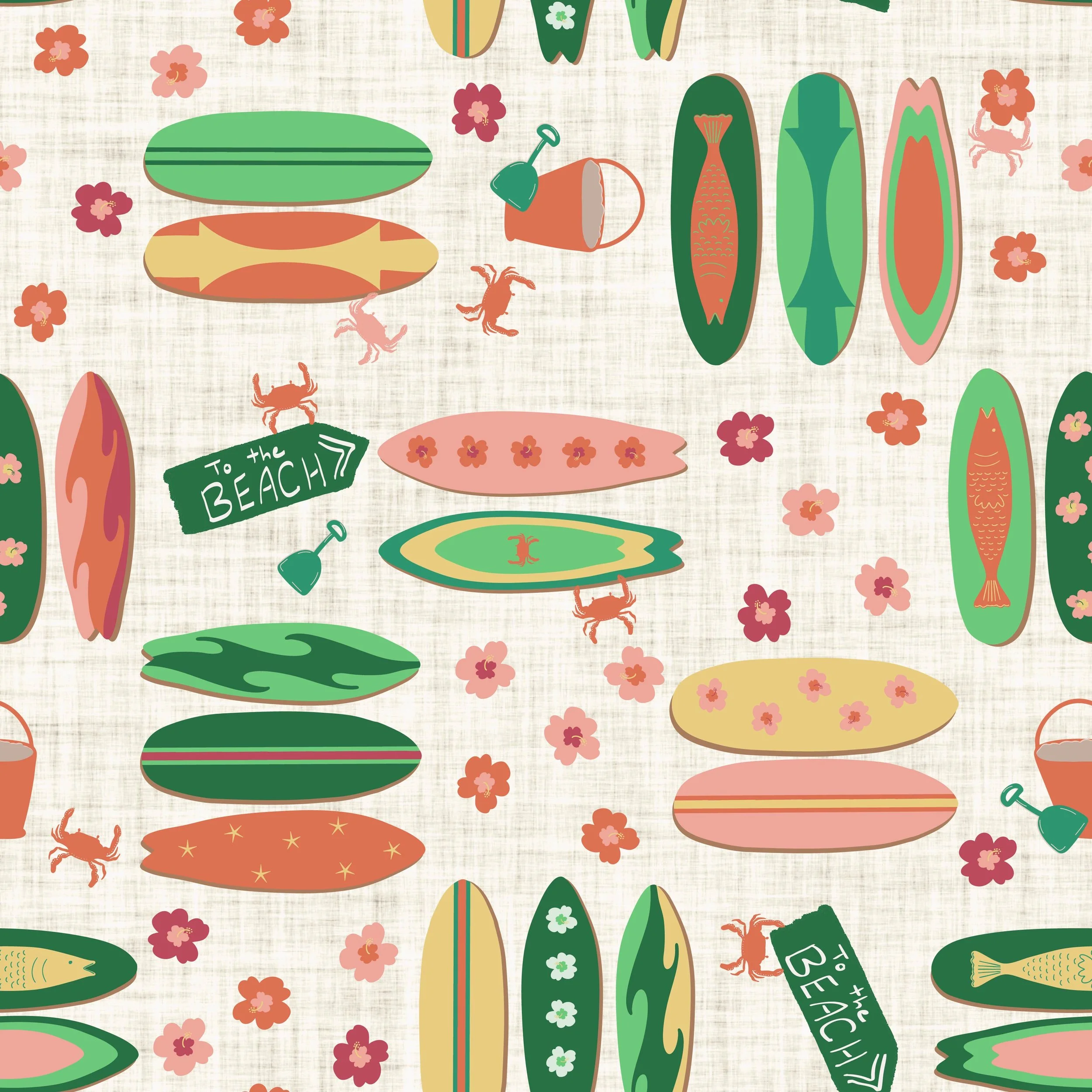 Design swatch for fabric and wallpaper featuring cute brightly colored green, peach, orange and mustard yellow surfboards, coral peach, pink and orange hibiscus flowers and crabs beside sand buckets and signs with text reading "to the beach" on a lig