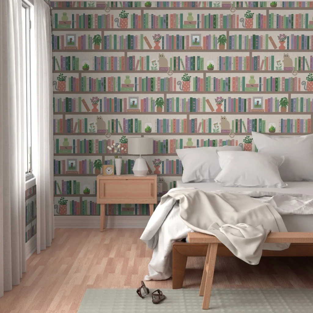 bookshelf wallpaper in a bedroom