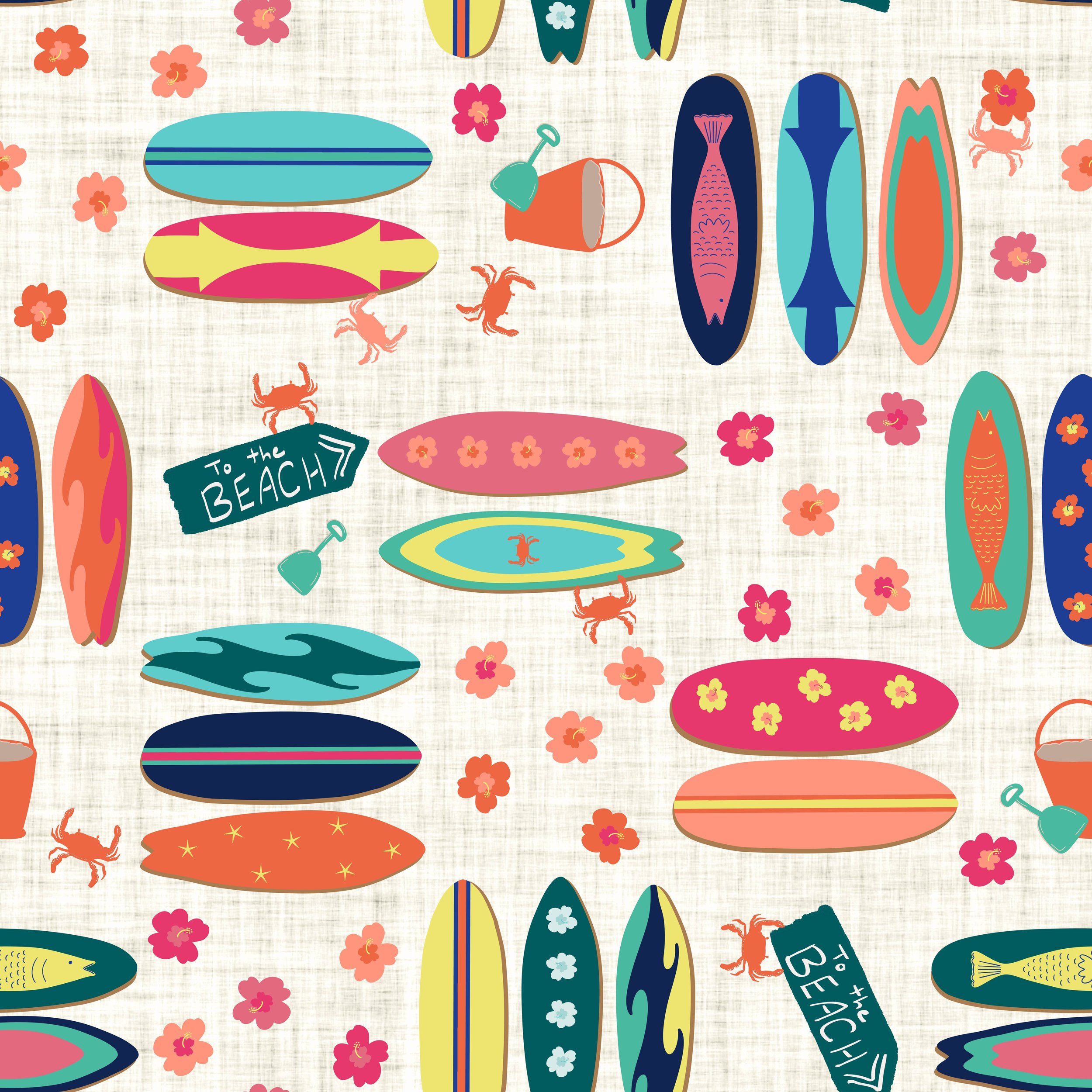 Design swatch for fabric and wallpaper featuring cute brightly colored surfboards, pink and orange hibiscus flowers and crabs beside sand buckets and signs with text reading "to the beach" on a light ivory linen texture background. 