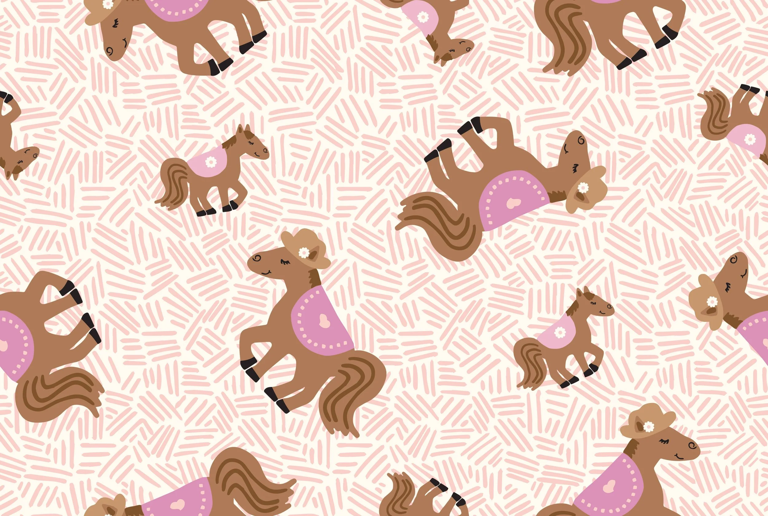 Pattern of cute brown horses with pink saddles and white flowers on their heads, against a background of pink lines.