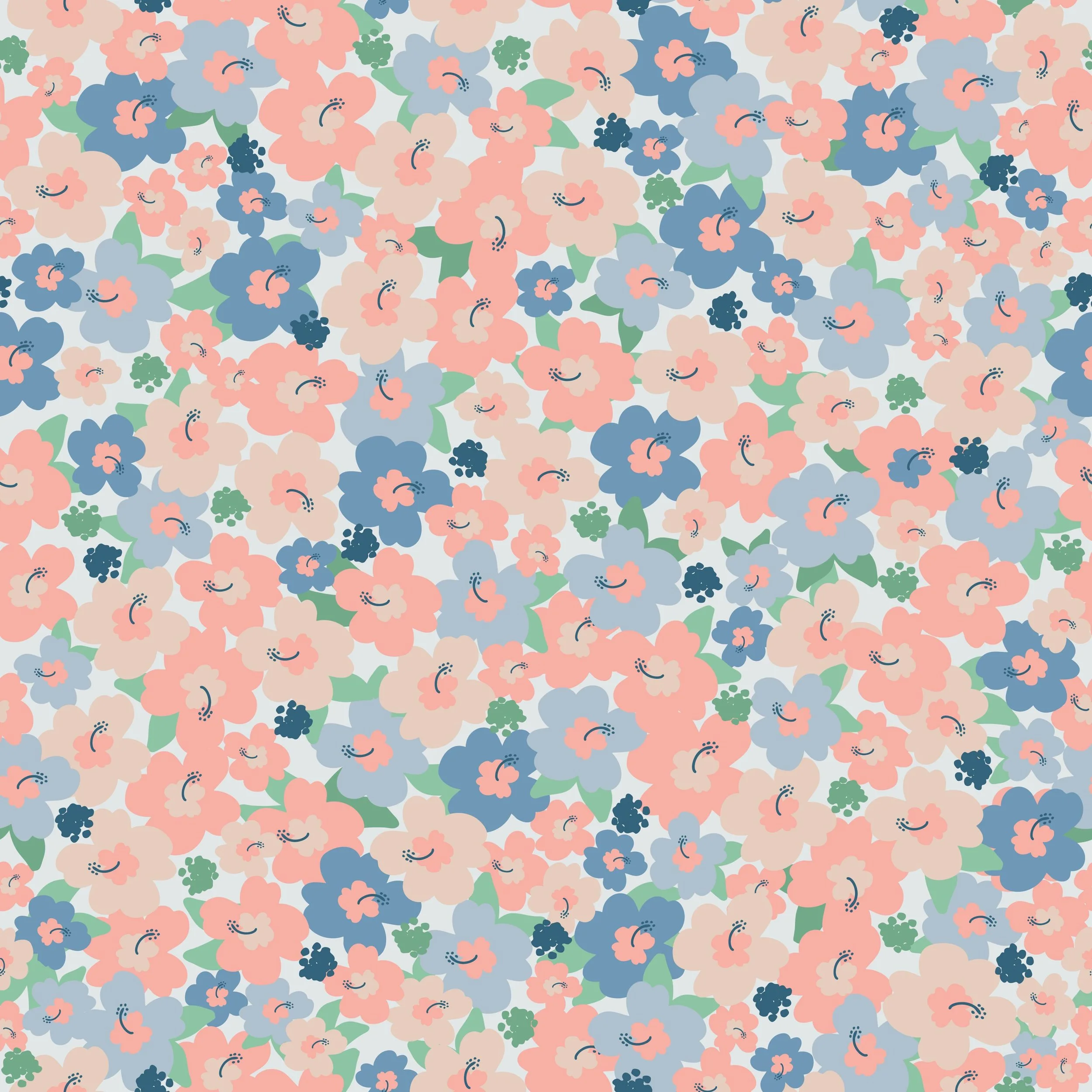 Floral pattern design swatch for fabric, textiles and wallpaper featuring scattered and tightly packed hibiscus flowers in cornflower blue, light blue, coral peach, light pink, with mint green leaves. Light background. 