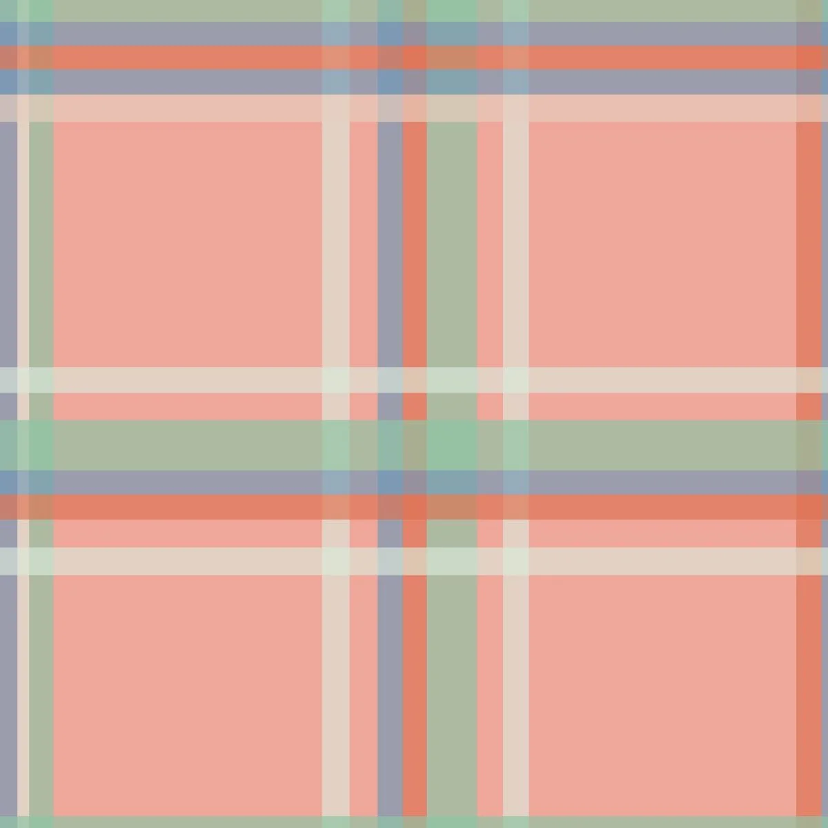 Pattern design swatch for fabric, textiles and wallpaper featuring mint green, beige, light blue, muted orange plaid stripes. Pastel peach background. 