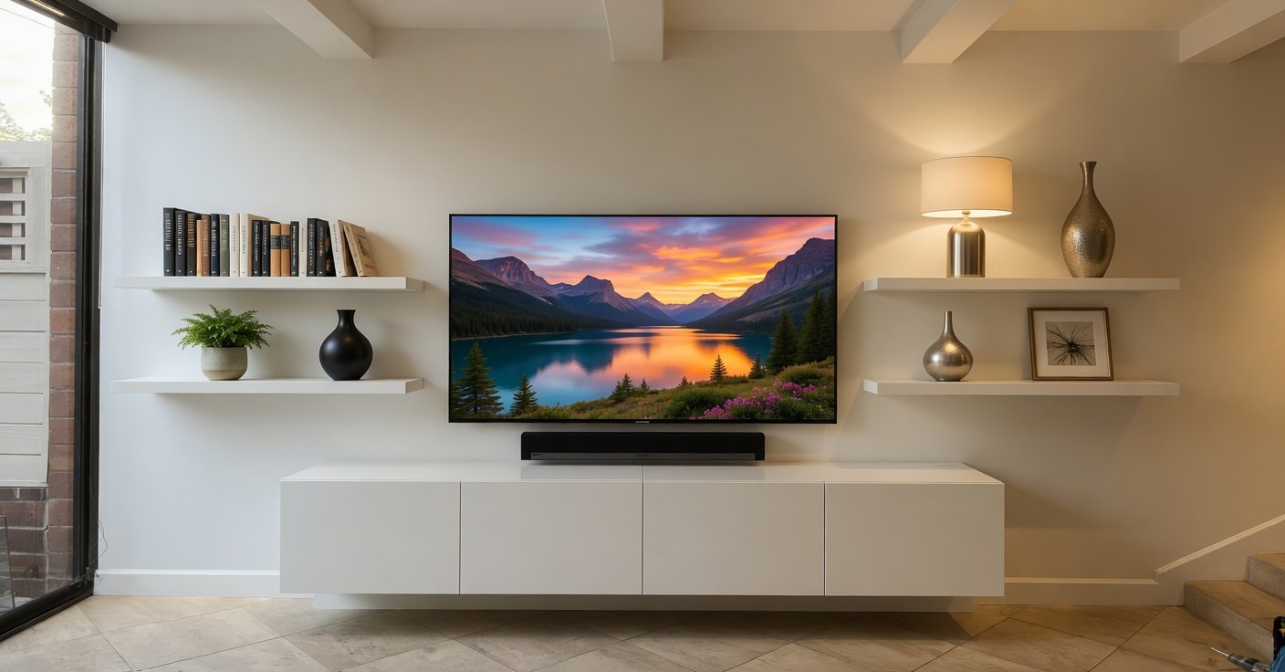Professional TV mounting installation in West Covina living room with clean wire-free setup, floating shelves and modern white media console