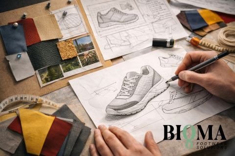 Hand sketching a sneaker design at a cluttered workspace with fabric swatches, sketches, and design tools.