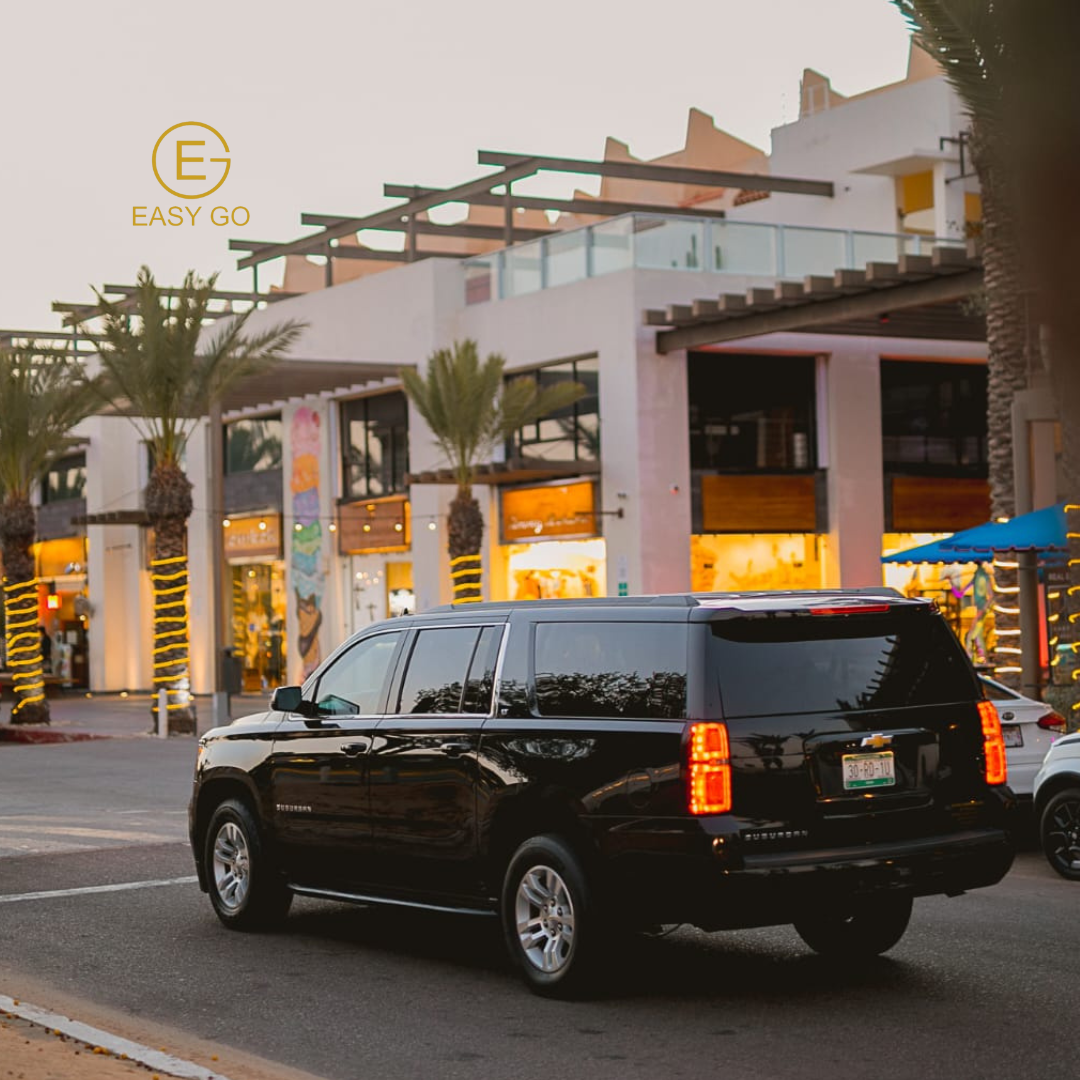 A black SUV parked on the street in front of a shopping center with palm trees and storefronts illuminated at sunset.