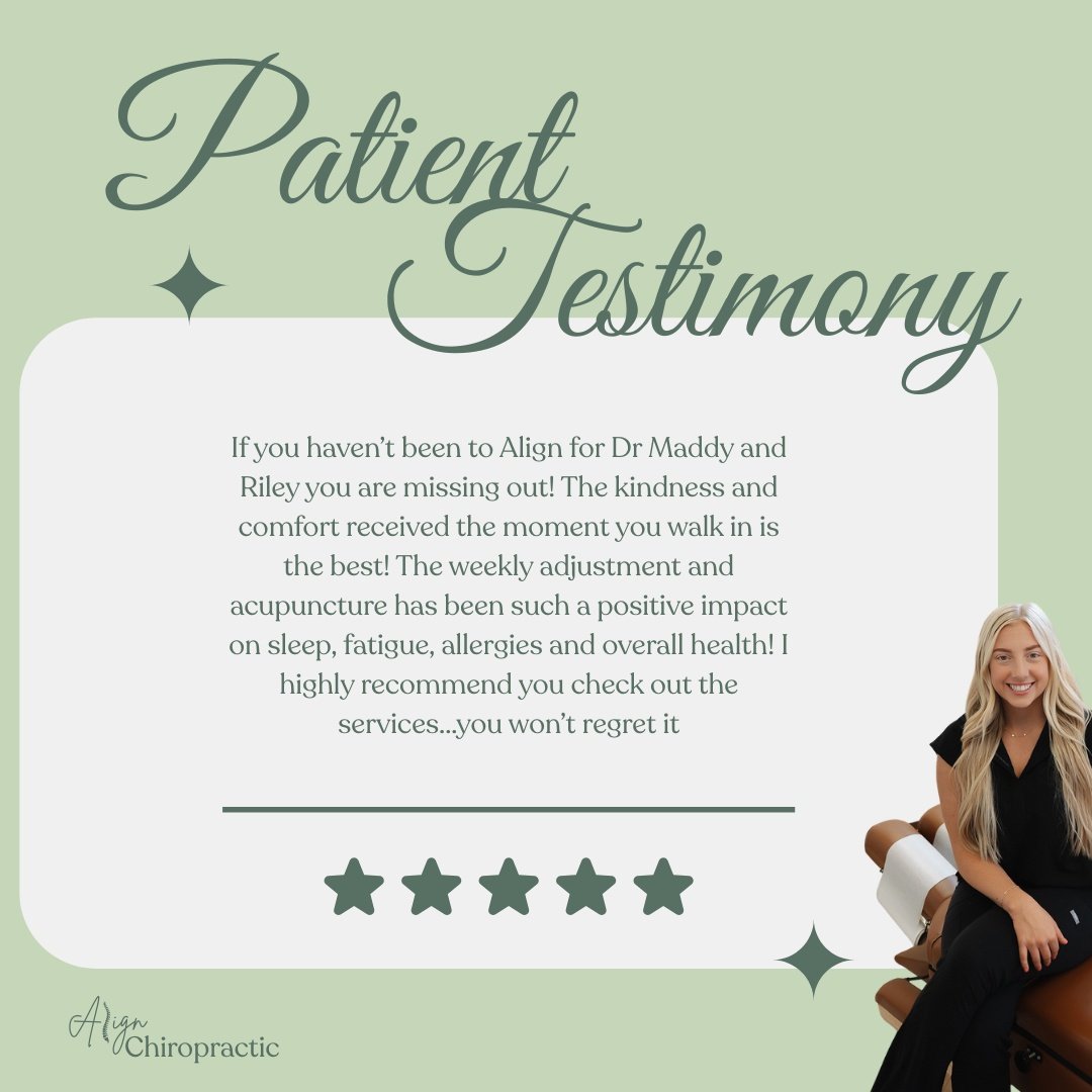There&rsquo;s nothing we love more than hearing how care at Align is helping individuals feel better, sleep deeper, and function at their best!

Chiropractic care is more than pain relief&mdash;it's a whole-body reset that supports sleep, energy, imm