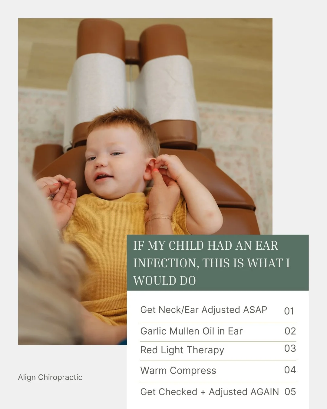 When children come into the office with an ear infection, here's exactly what I'd recommend to do first:
👂 Step 1: Get them adjusted
We check the upper neck and ears for any tension that could be blocking circulation and drainage. Misalignments here